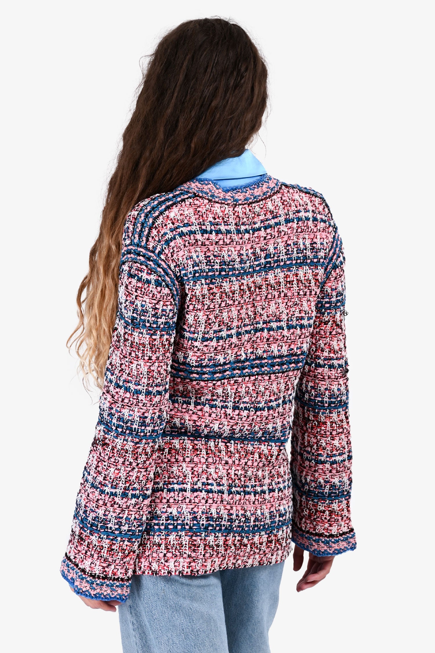Pre-Loved Chanel™ Spring 2017 Pink/Blue Knit Tweed igan with Blue Rubber Trim Size 38 (As Is)