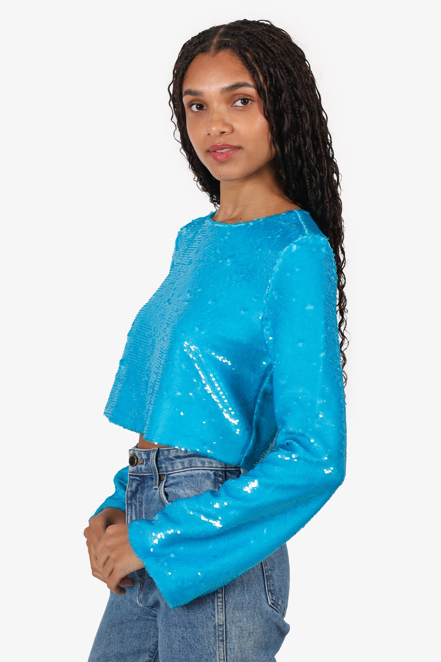 Ganni Blue Sequin Cropped Long Sleeve Top Size 34