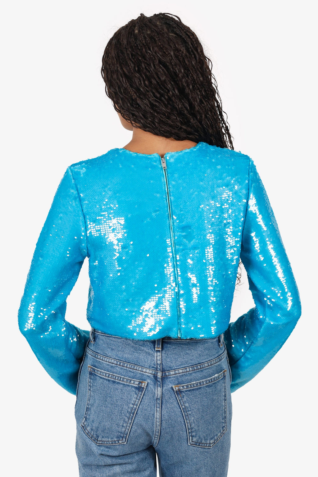 Ganni Blue Sequin Cropped Long Sleeve Top Size 34