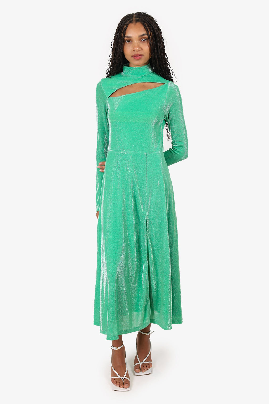 Rotate Green Metallic Long Sleeve Cut-Out Detail Dress Size 38