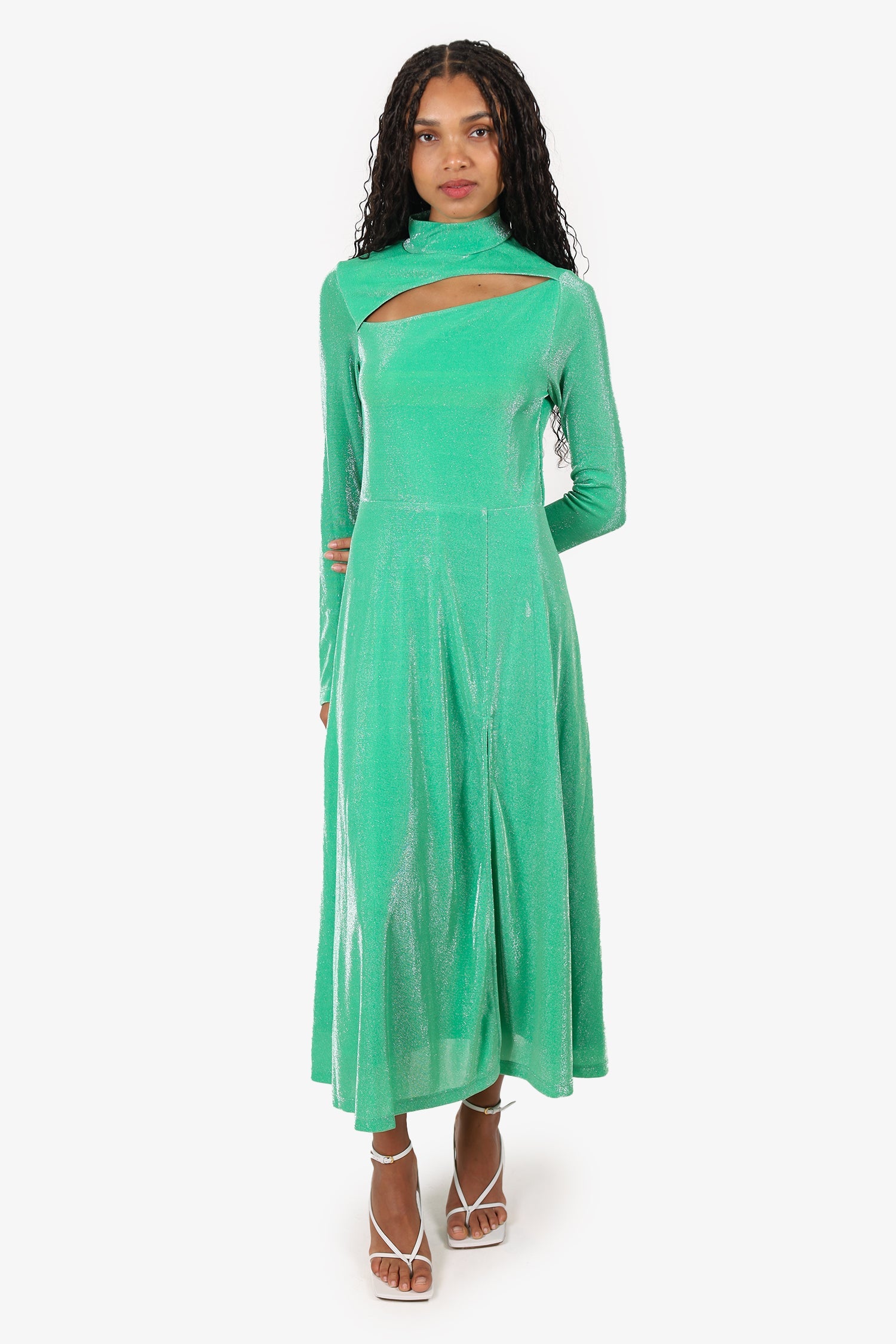 Rotate Green Metallic Long Sleeve Cut-Out Detail Dress Size 38