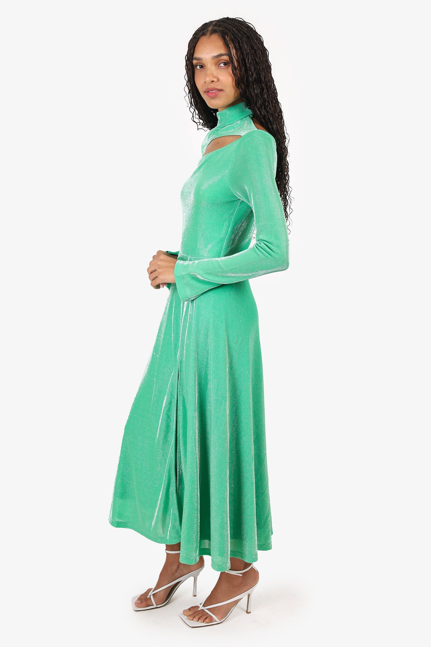 Rotate Green Metallic Long Sleeve Cut-Out Detail Dress Size 38