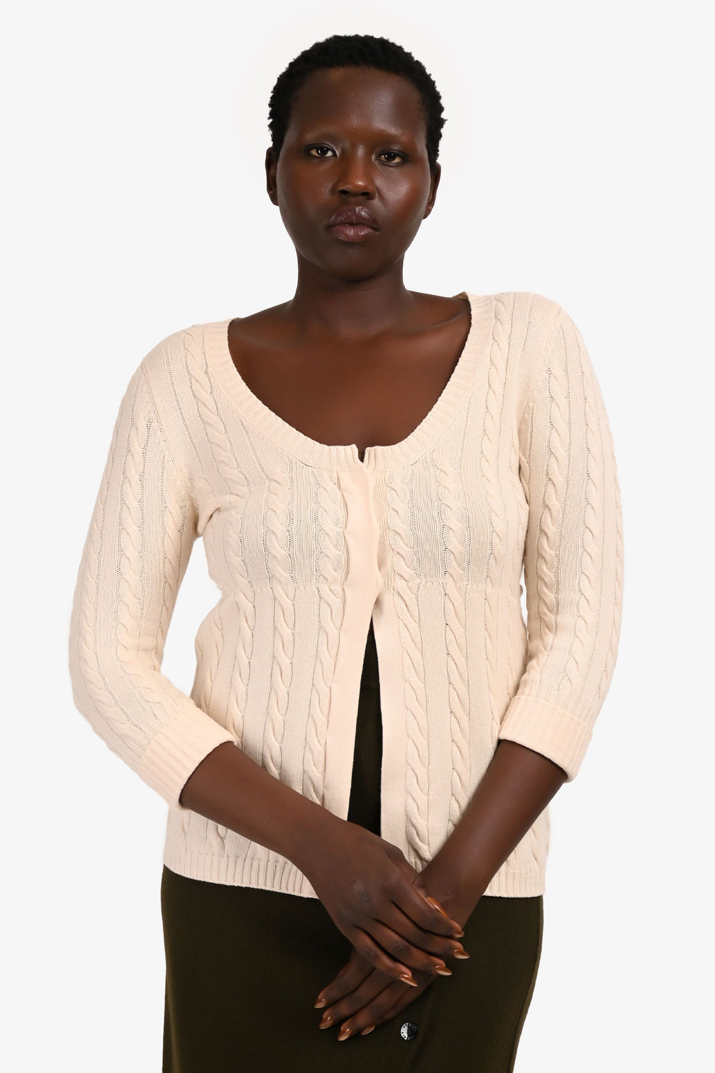 Brunello Cucinelli Cream Cableknit Low Scoop igan Sweater with Silk Waist Tie Size M US