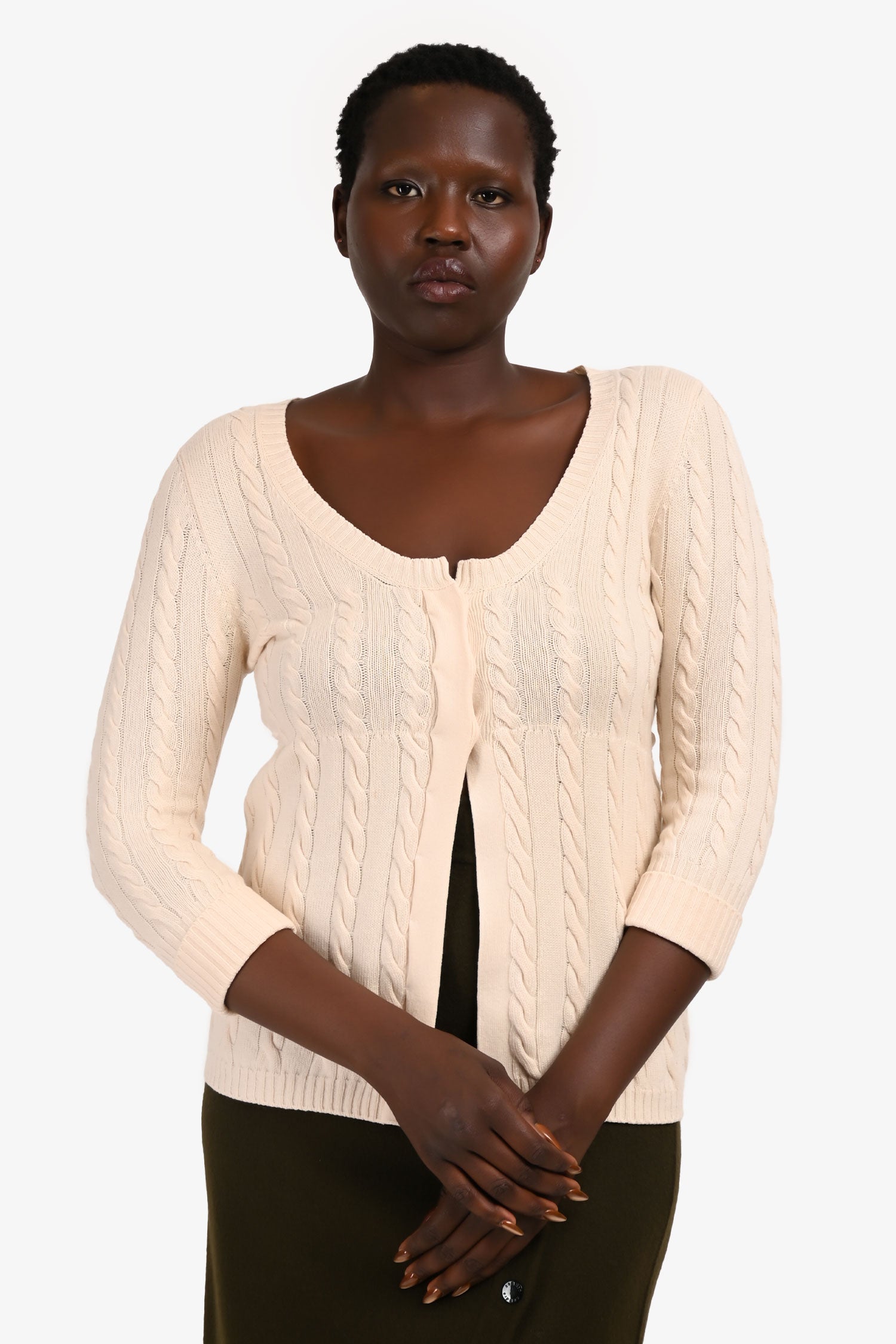 Brunello Cucinelli Cream Cableknit Low Scoop igan Sweater with Silk Waist Tie Size M US