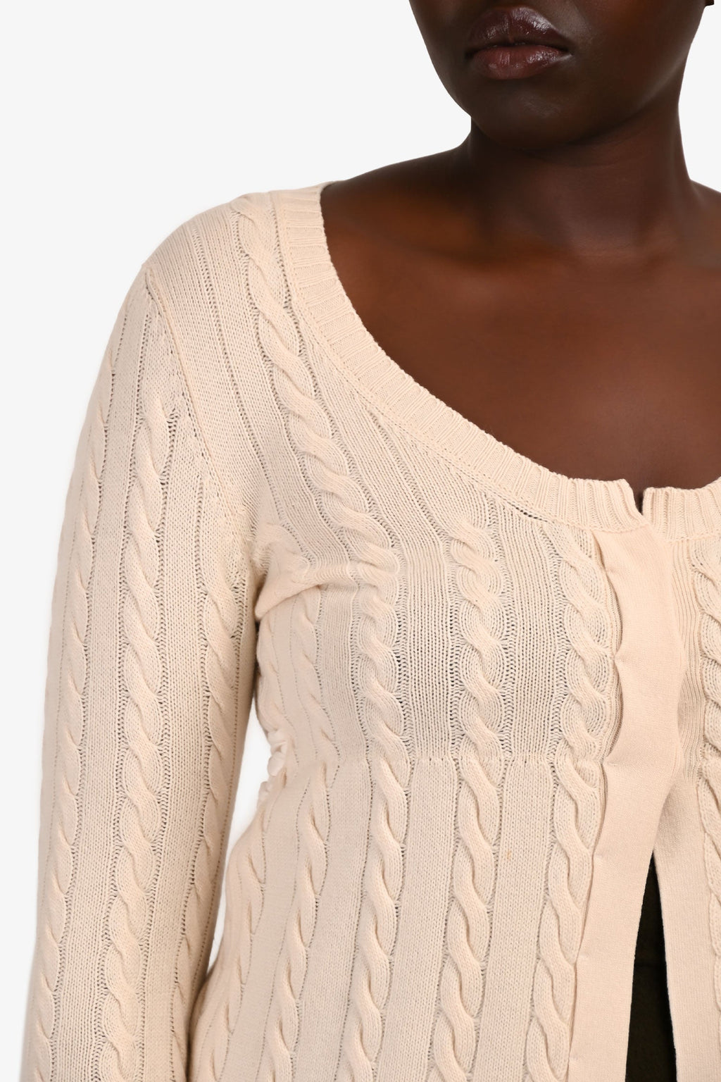 Brunello Cucinelli Cream Cableknit Low Scoop igan Sweater with Silk Waist Tie Size M US