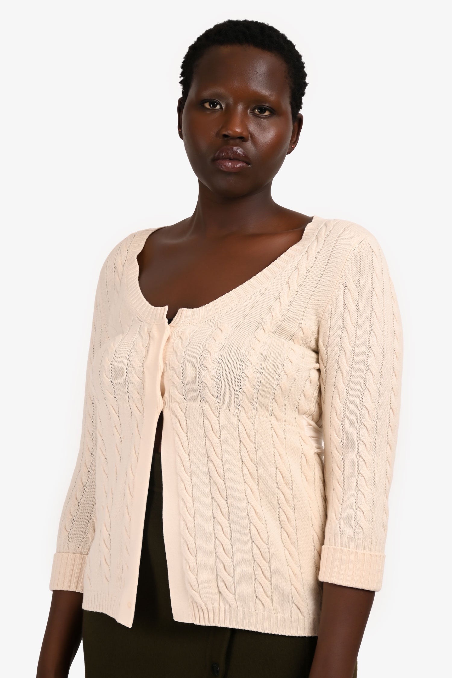 Brunello Cucinelli Cream Cableknit Low Scoop igan Sweater with Silk Waist Tie Size M US