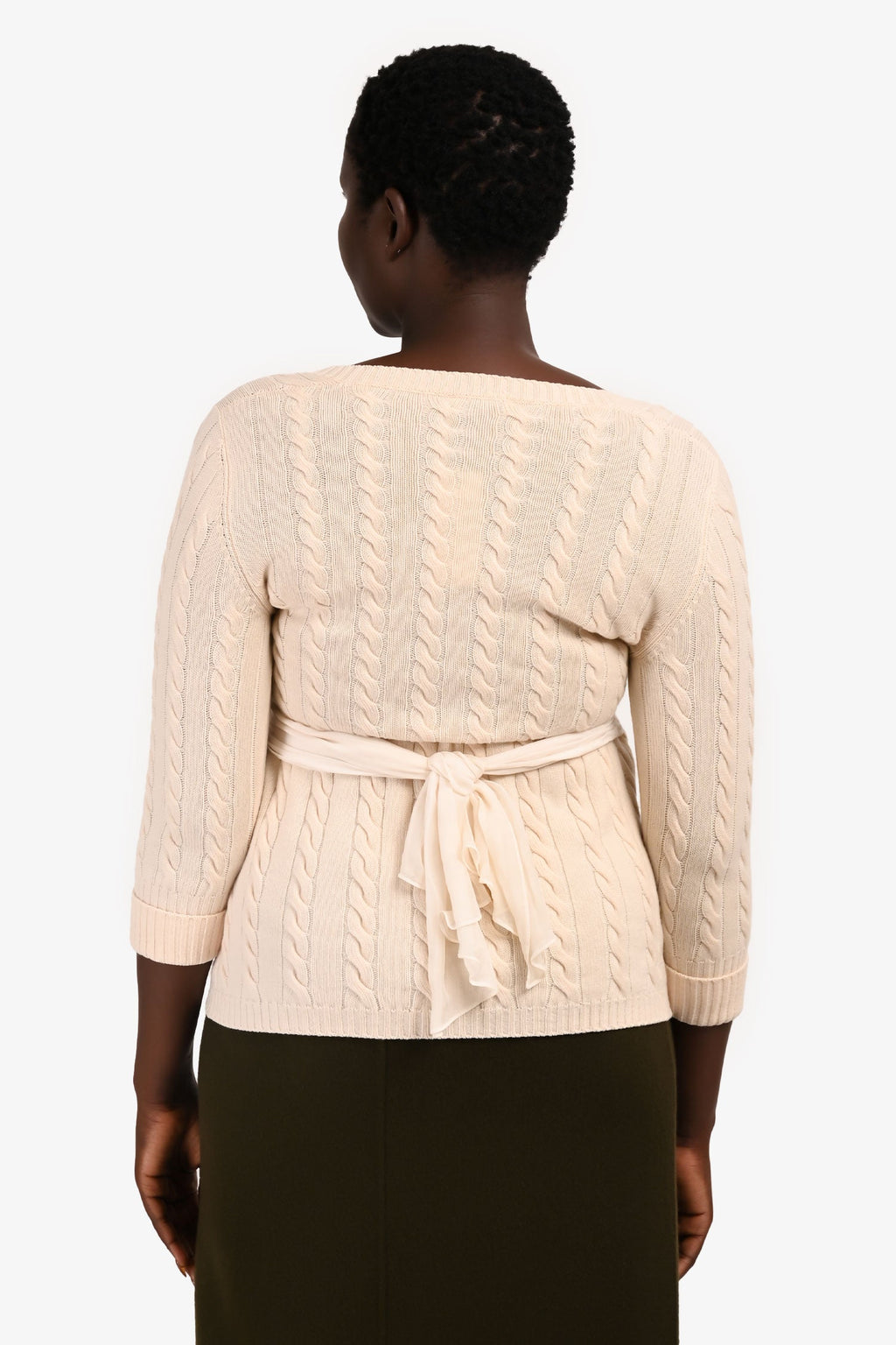 Brunello Cucinelli Cream Cableknit Low Scoop igan Sweater with Silk Waist Tie Size M US