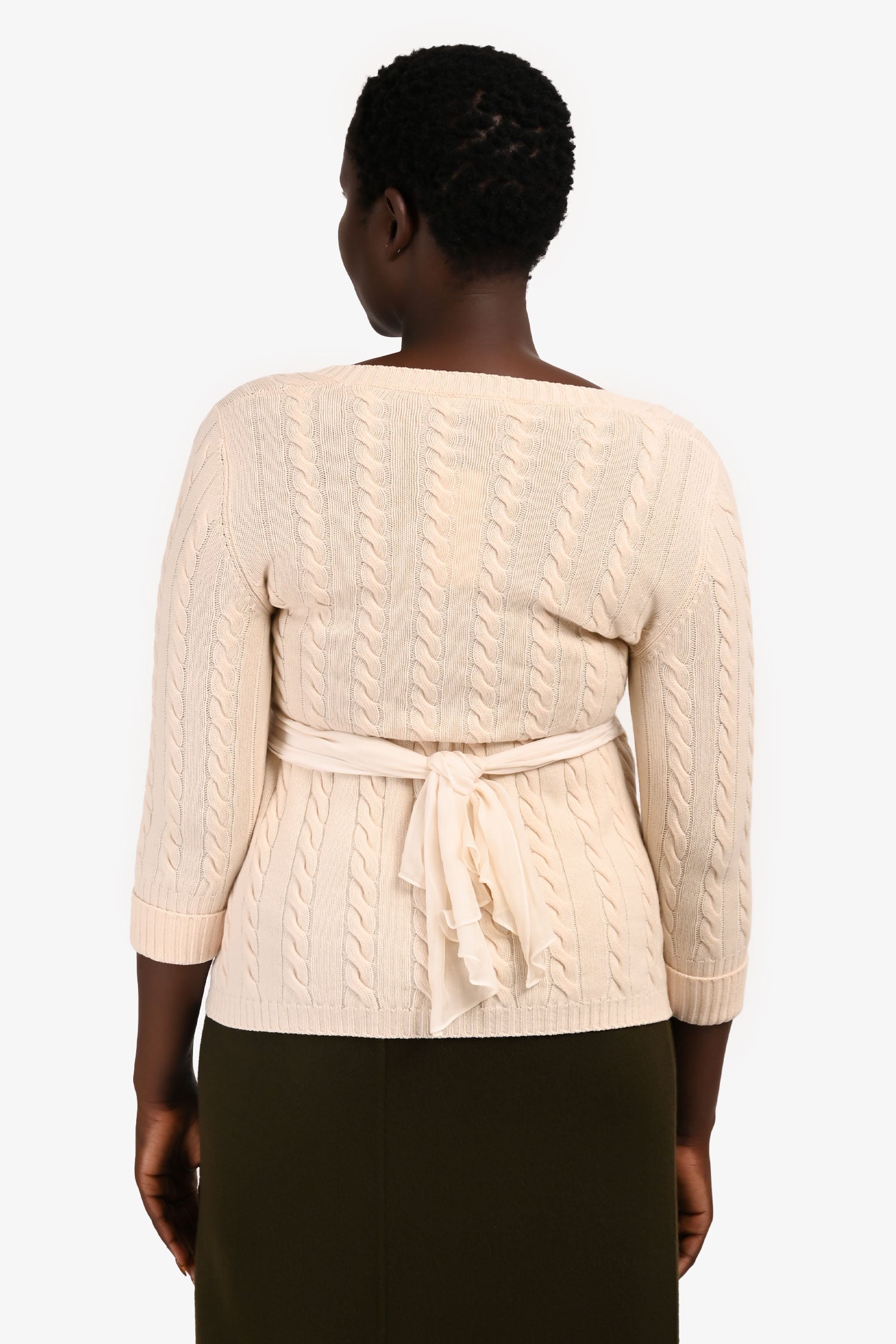 Brunello Cucinelli Cream Cableknit Low Scoop igan Sweater with Silk Waist Tie Size M US