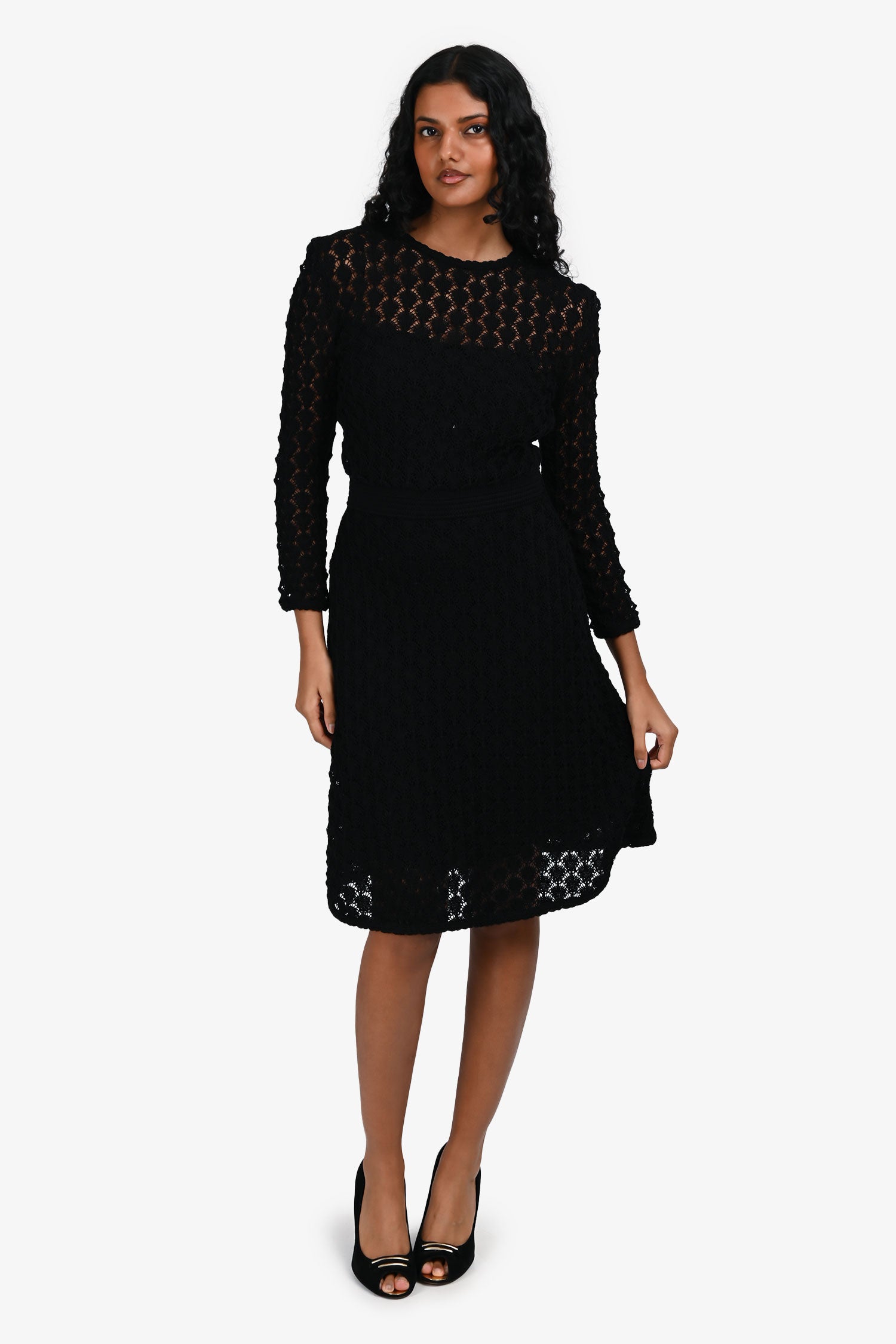 Christian Dior Black Lace Knit Long Sleeves Dress With Slip Size 4