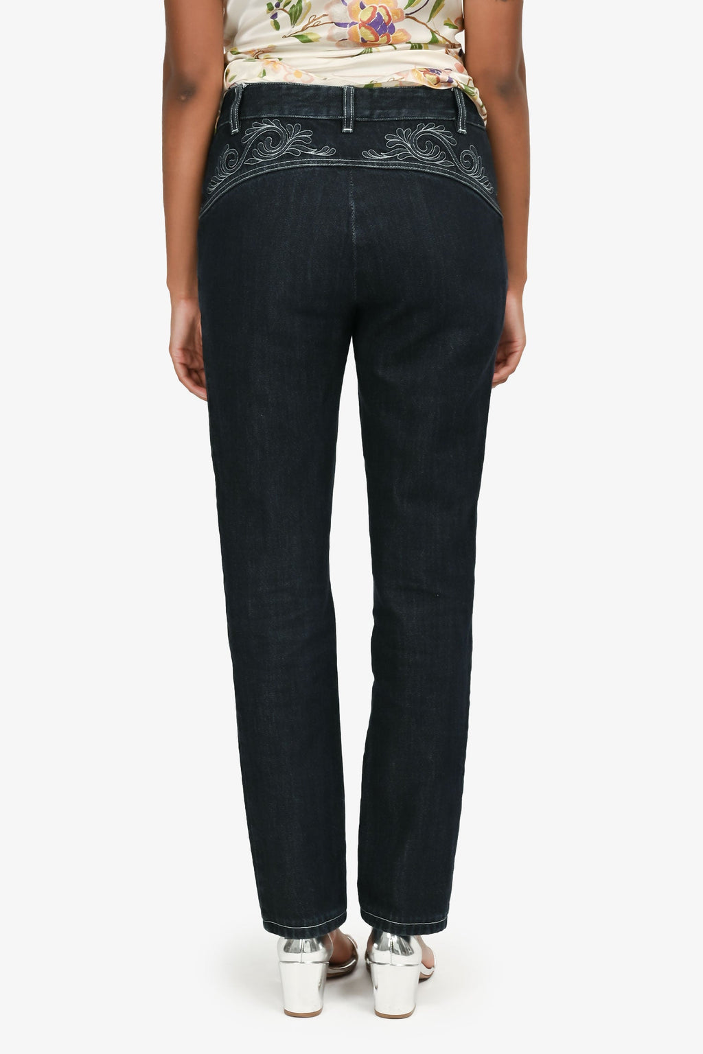 Pre-Loved Chanel™ 2015 Paris-Salzburg Indigo Blue Denim Embroidered Skinny Jeans Size 38