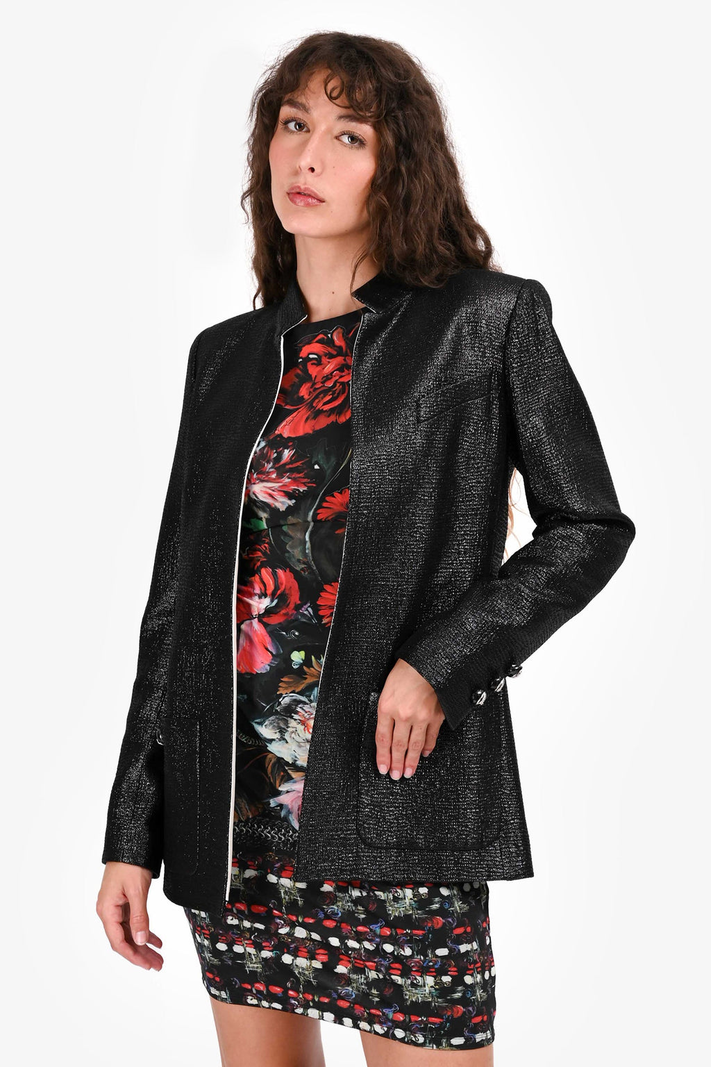 Pre-Loved Chanel™ 2020 Black Metallic Wool Mandarin Collar Blazer Size 38