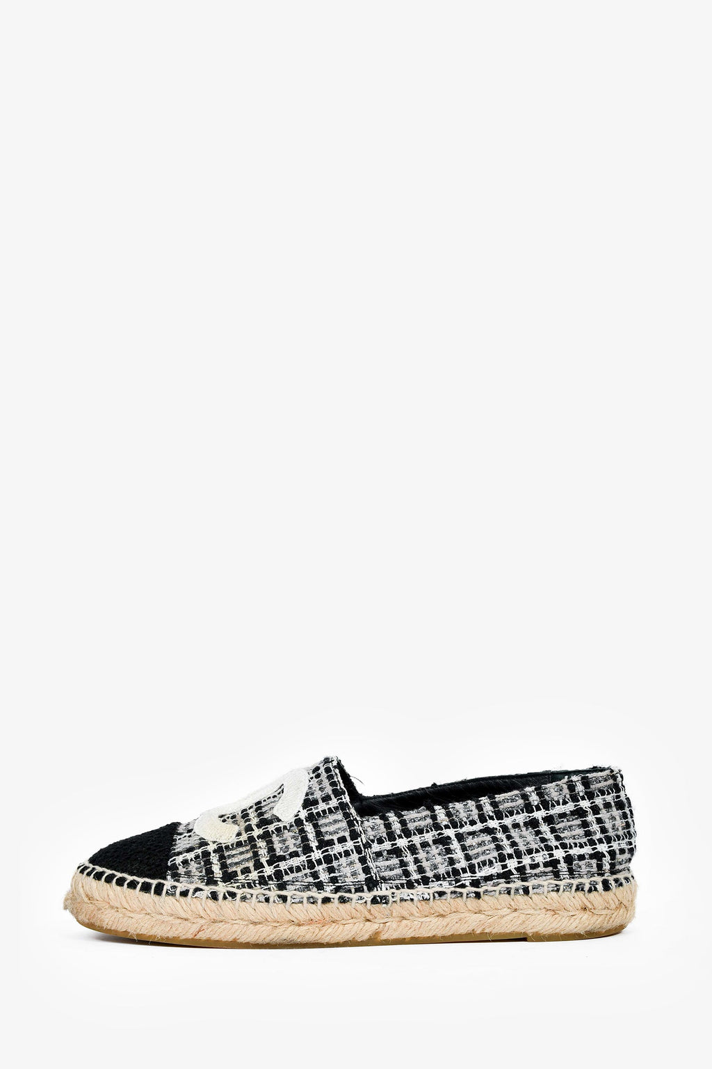 Pre-Loved Chanel™ Black/White Tweed CC Espadrilles Size 38