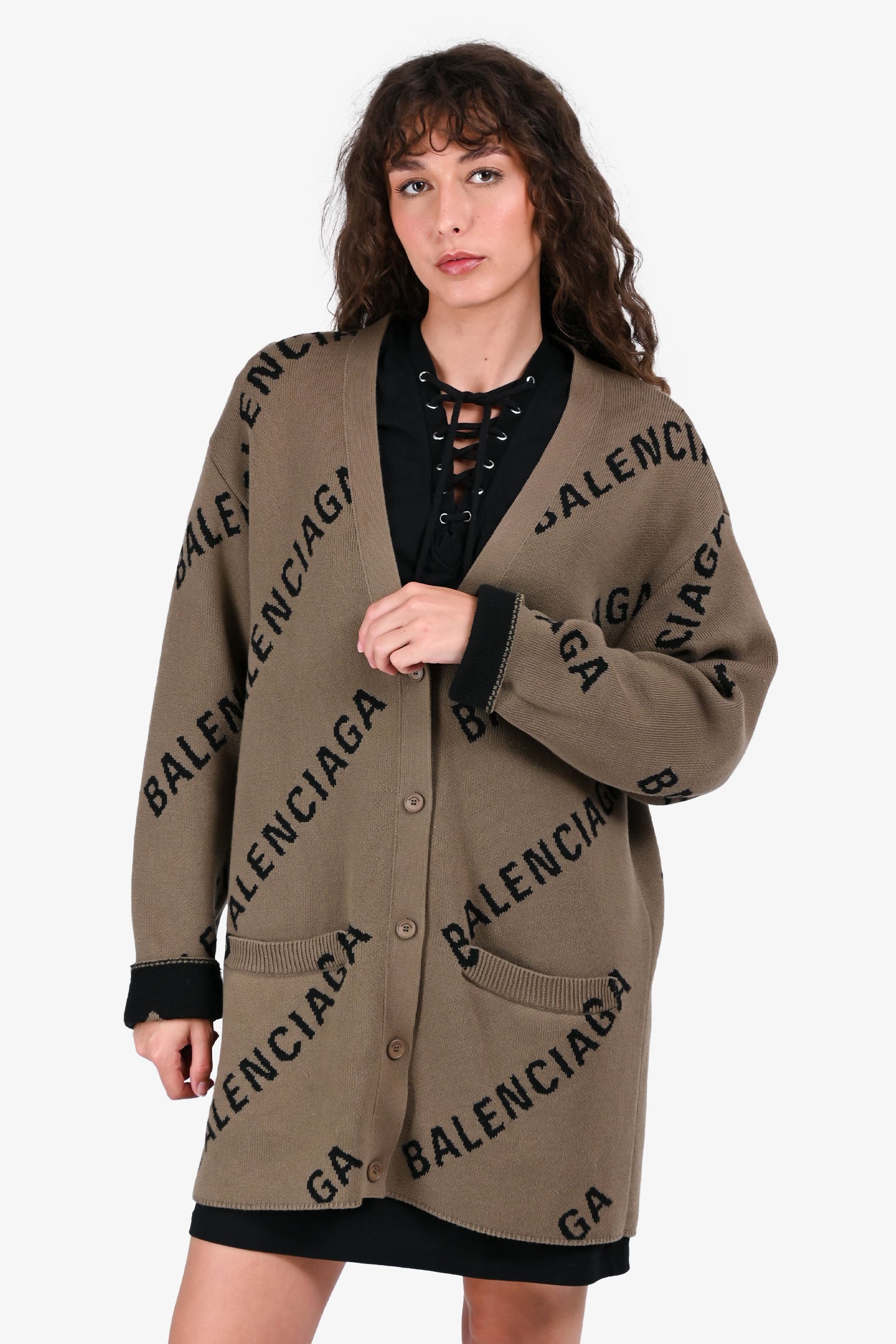 Balenciaga Green Cotton/Wool Logo All Over igan Size XS
