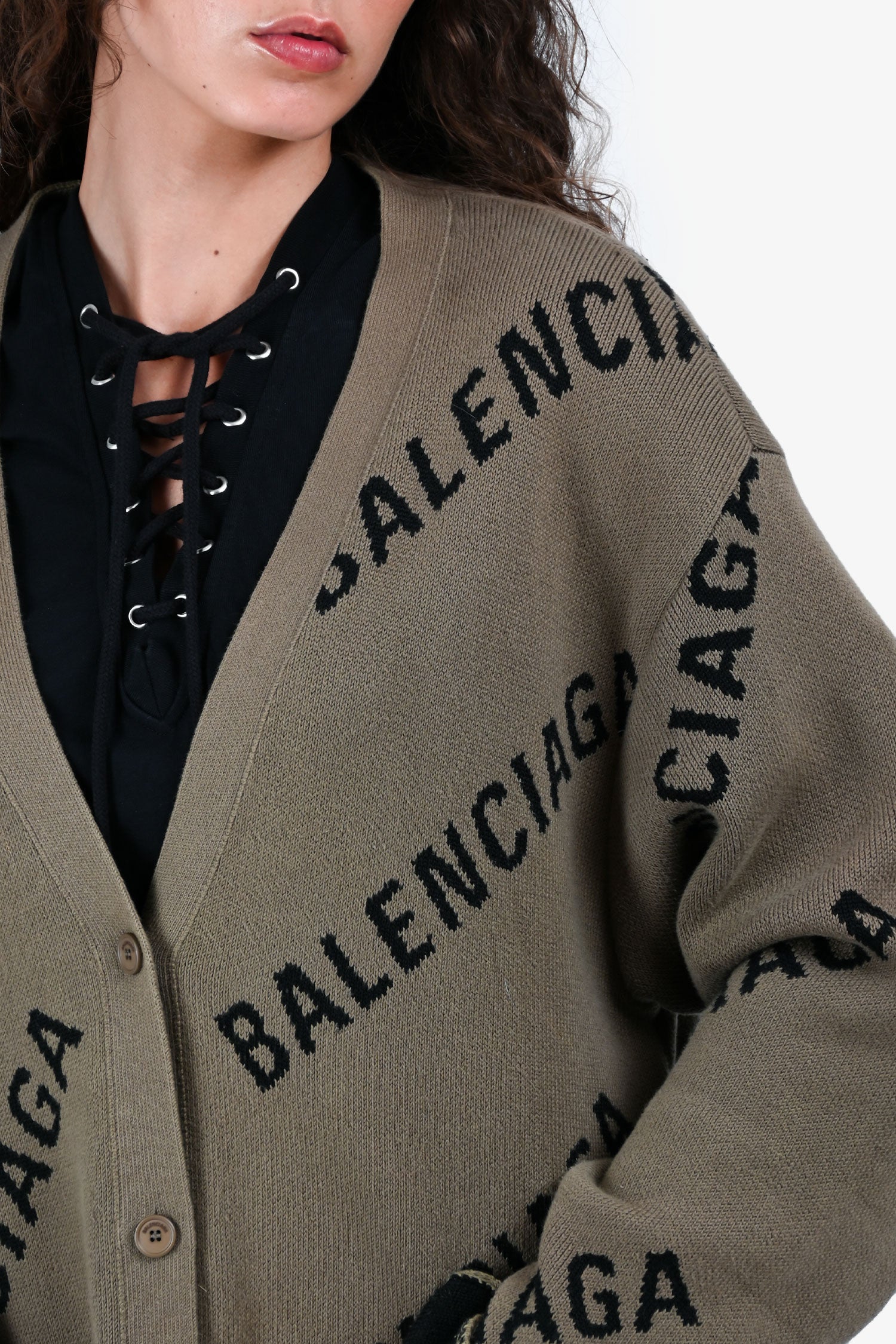 Balenciaga Green Cotton/Wool Logo All Over igan Size XS