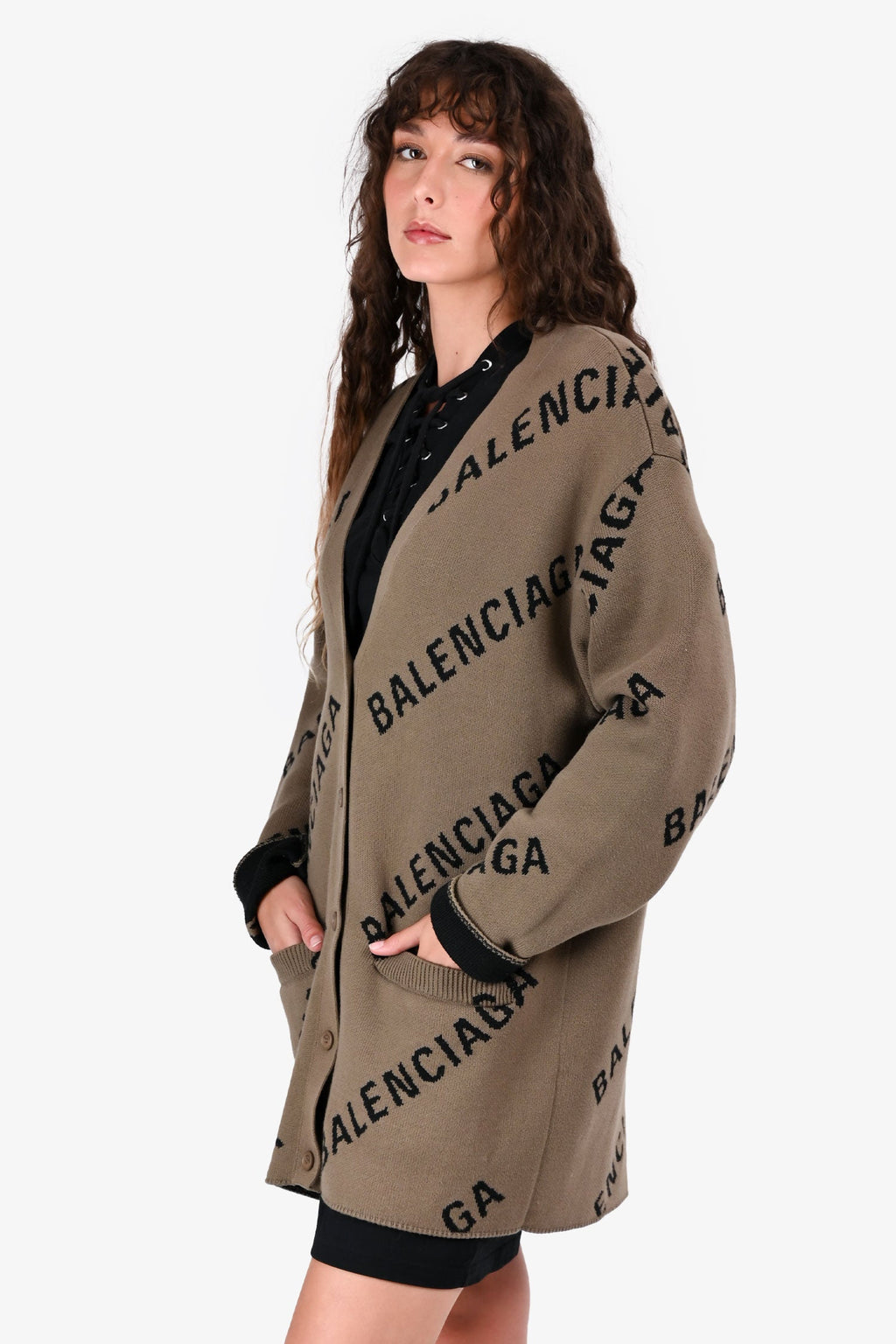Balenciaga Green Cotton/Wool Logo All Over igan Size XS