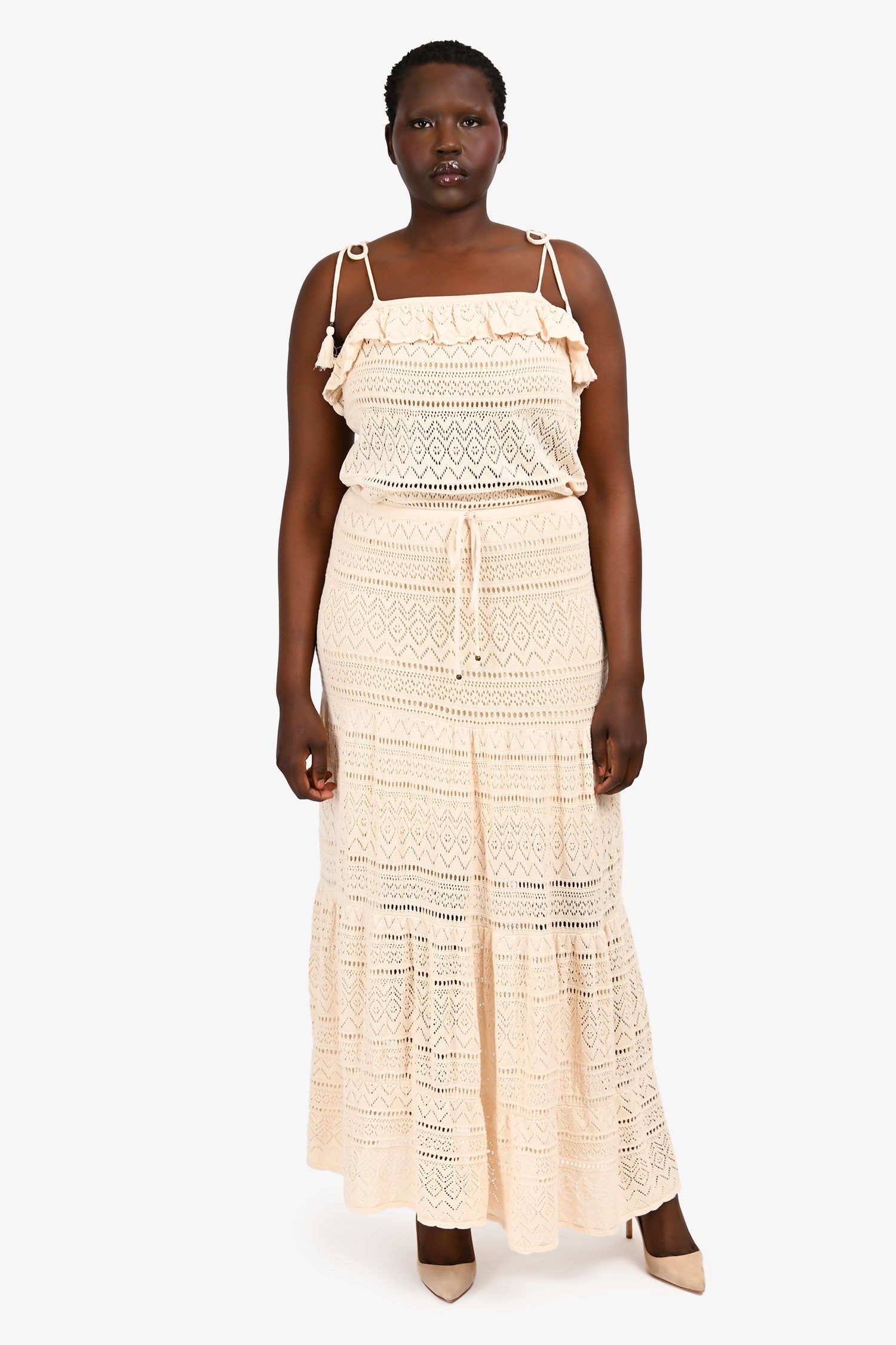 BA&SH Beige Patterned Square Neck Sleeveless Maxi Dress Size L