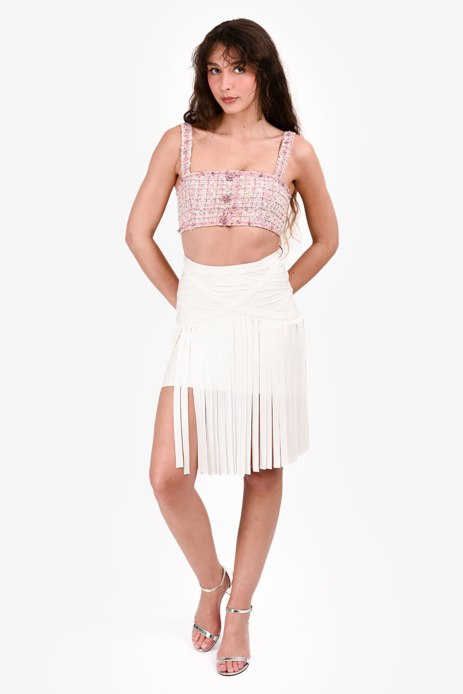 Hervé Léger White Fringe Trim Detail Mini Skirt Size S