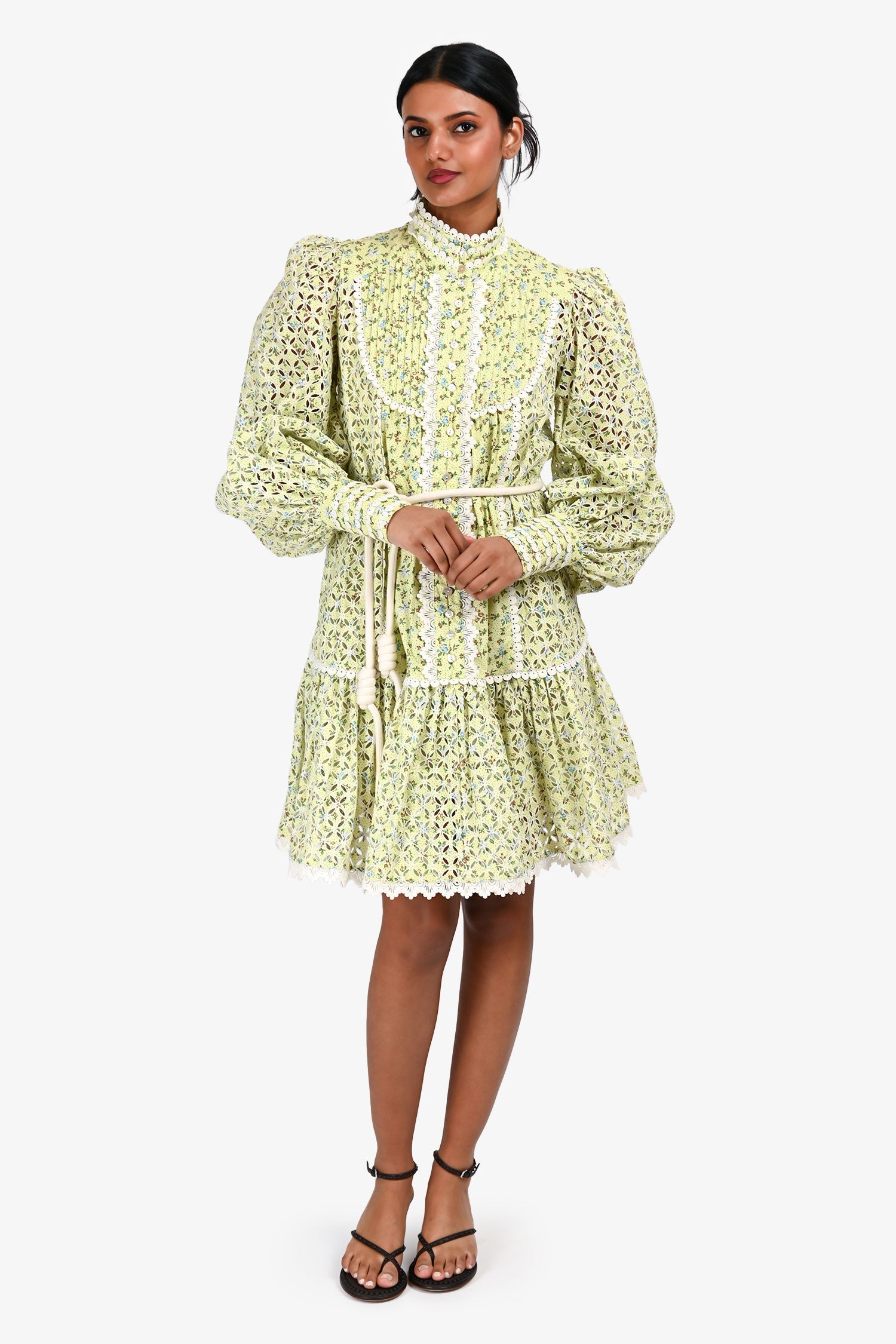 ALÉMAIS Green Printed Cut Out Detail Lace Trim Mini Dress Size 2
