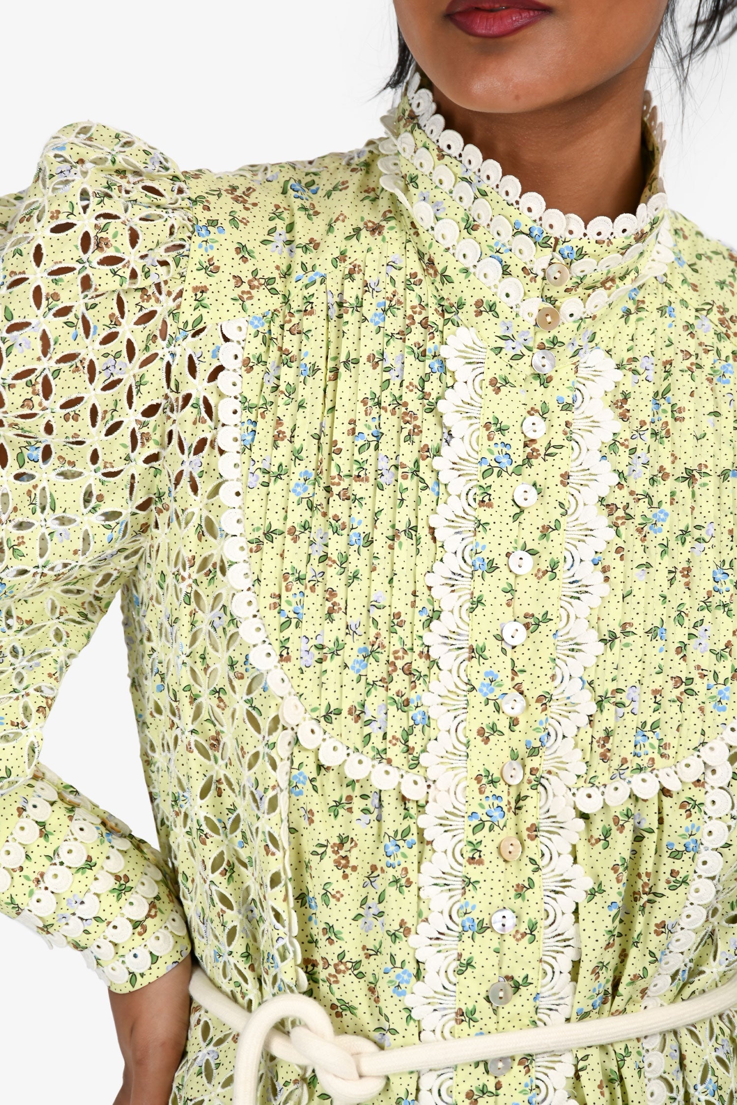 ALÉMAIS Green Printed Cut Out Detail Lace Trim Mini Dress Size 2