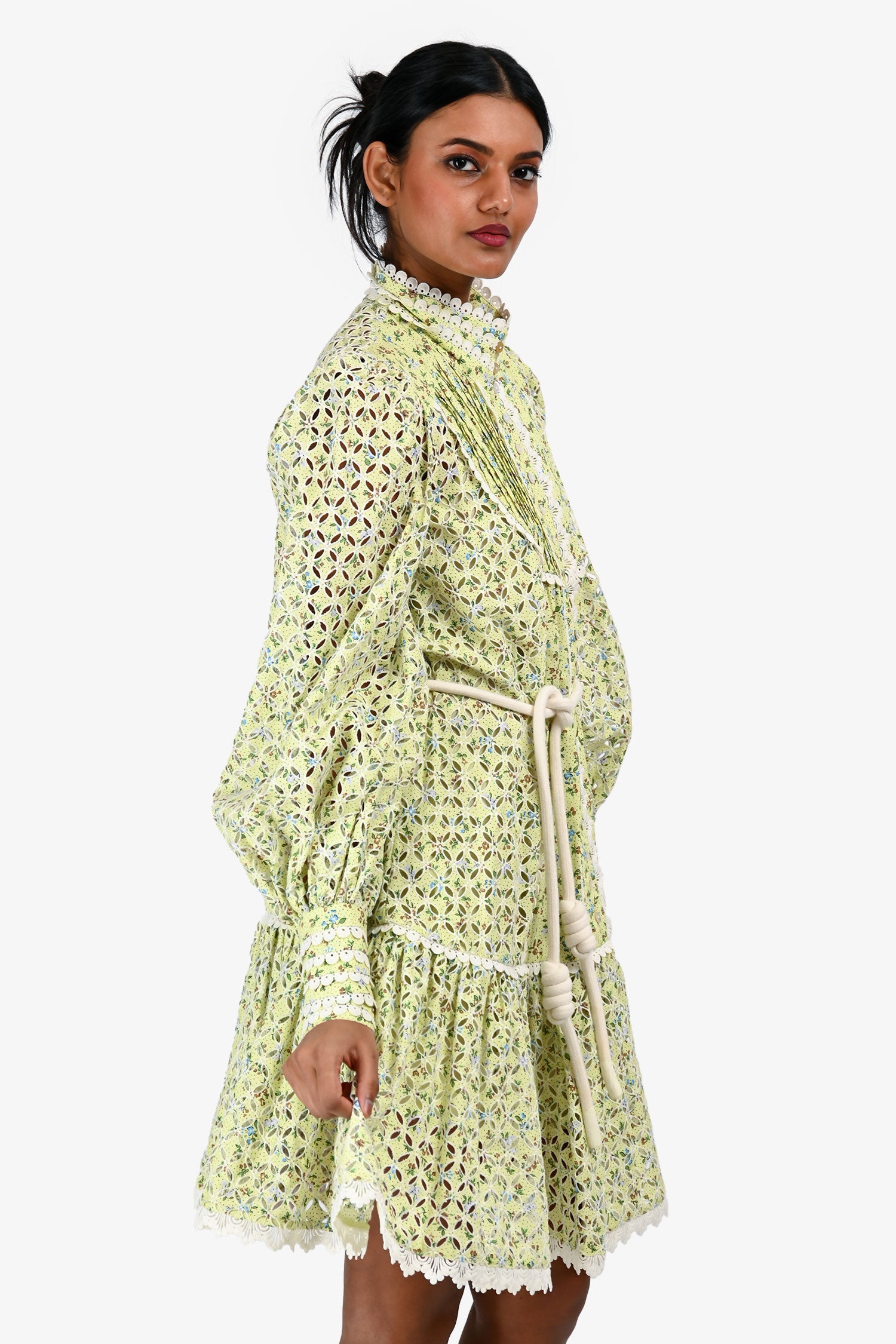 ALÉMAIS Green Printed Cut Out Detail Lace Trim Mini Dress Size 2