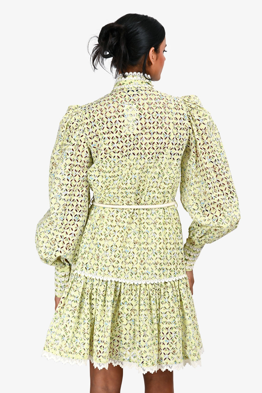 ALÉMAIS Green Printed Cut Out Detail Lace Trim Mini Dress Size 2