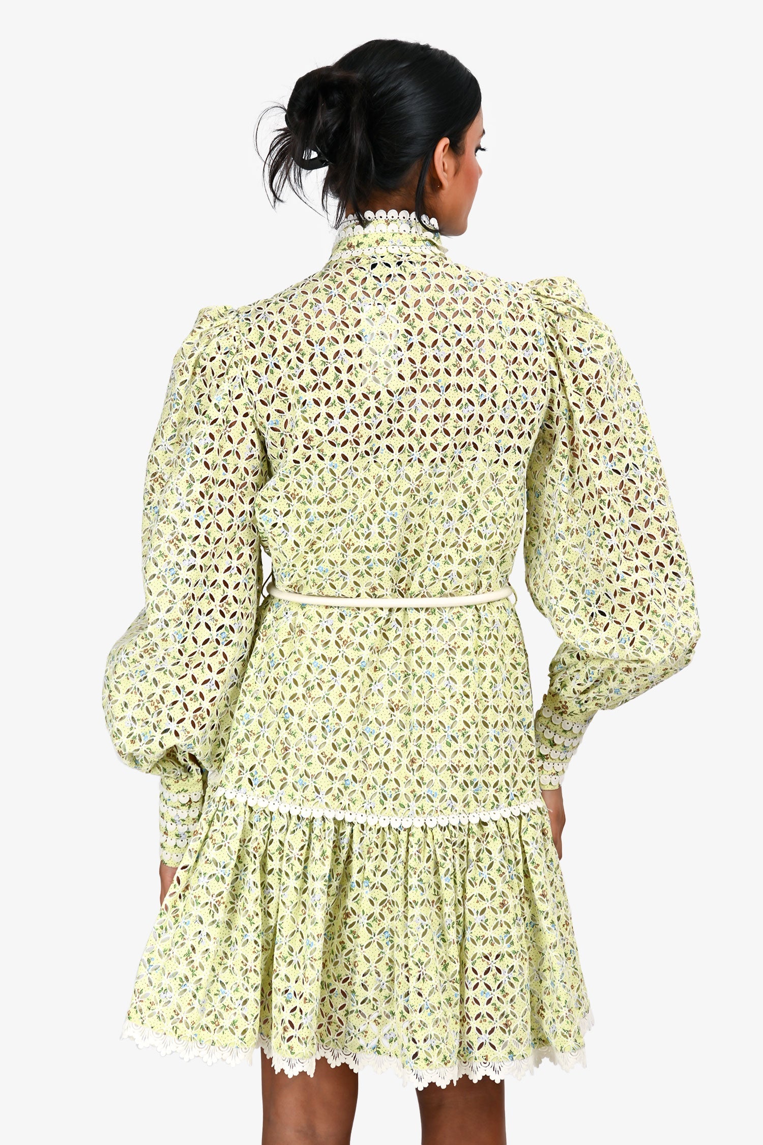 ALÉMAIS Green Printed Cut Out Detail Lace Trim Mini Dress Size 2