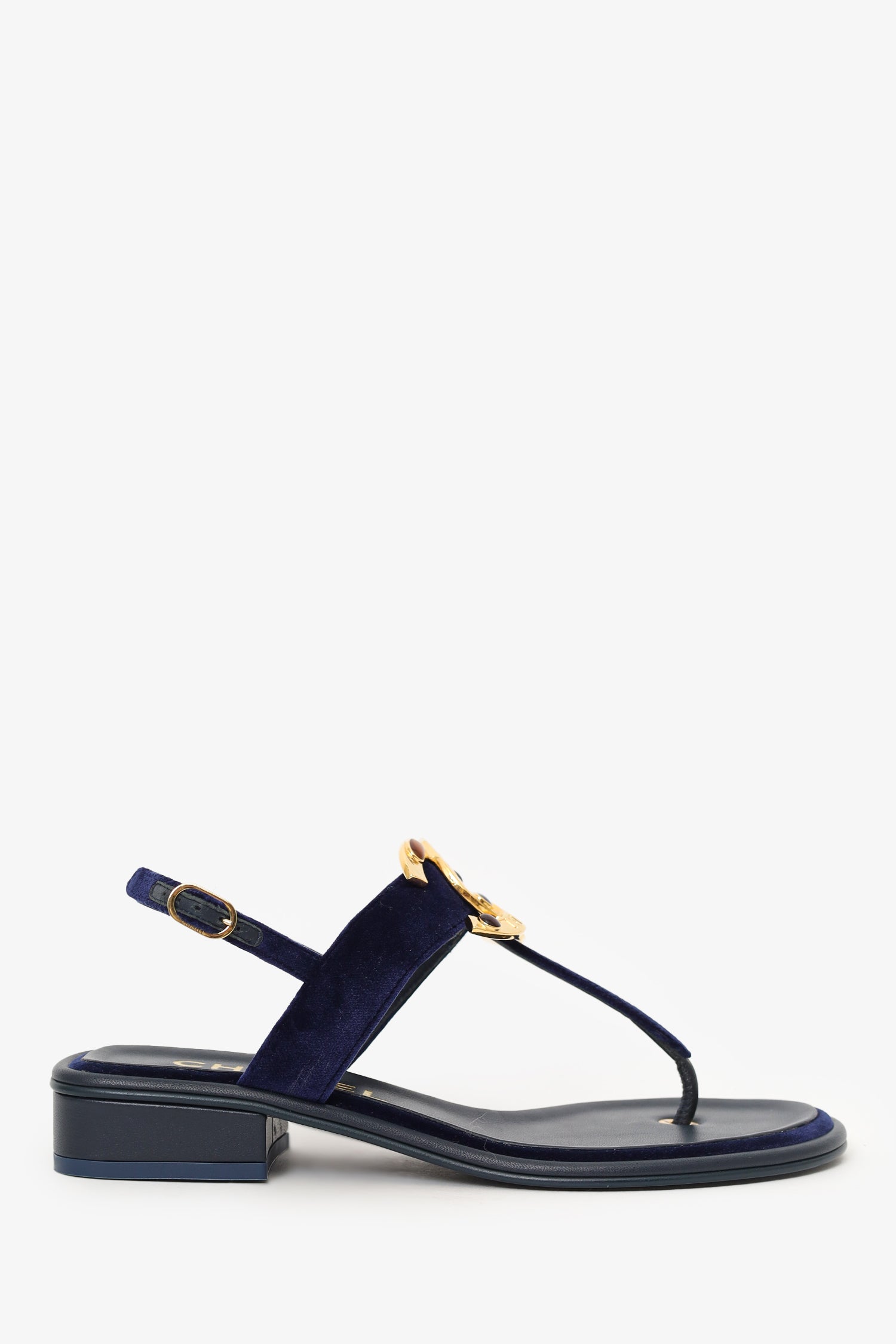 Pre-Loved Chanel™ Navy Velvet Jewelled CC Thong Sandals Size 37