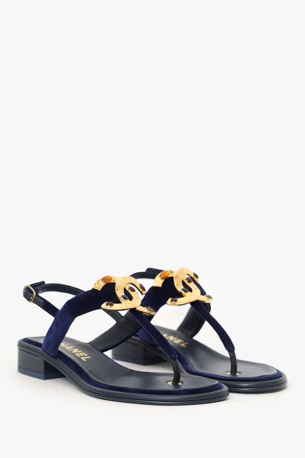Pre-Loved Chanel™ Navy Velvet Jewelled CC Thong Sandals Size 37
