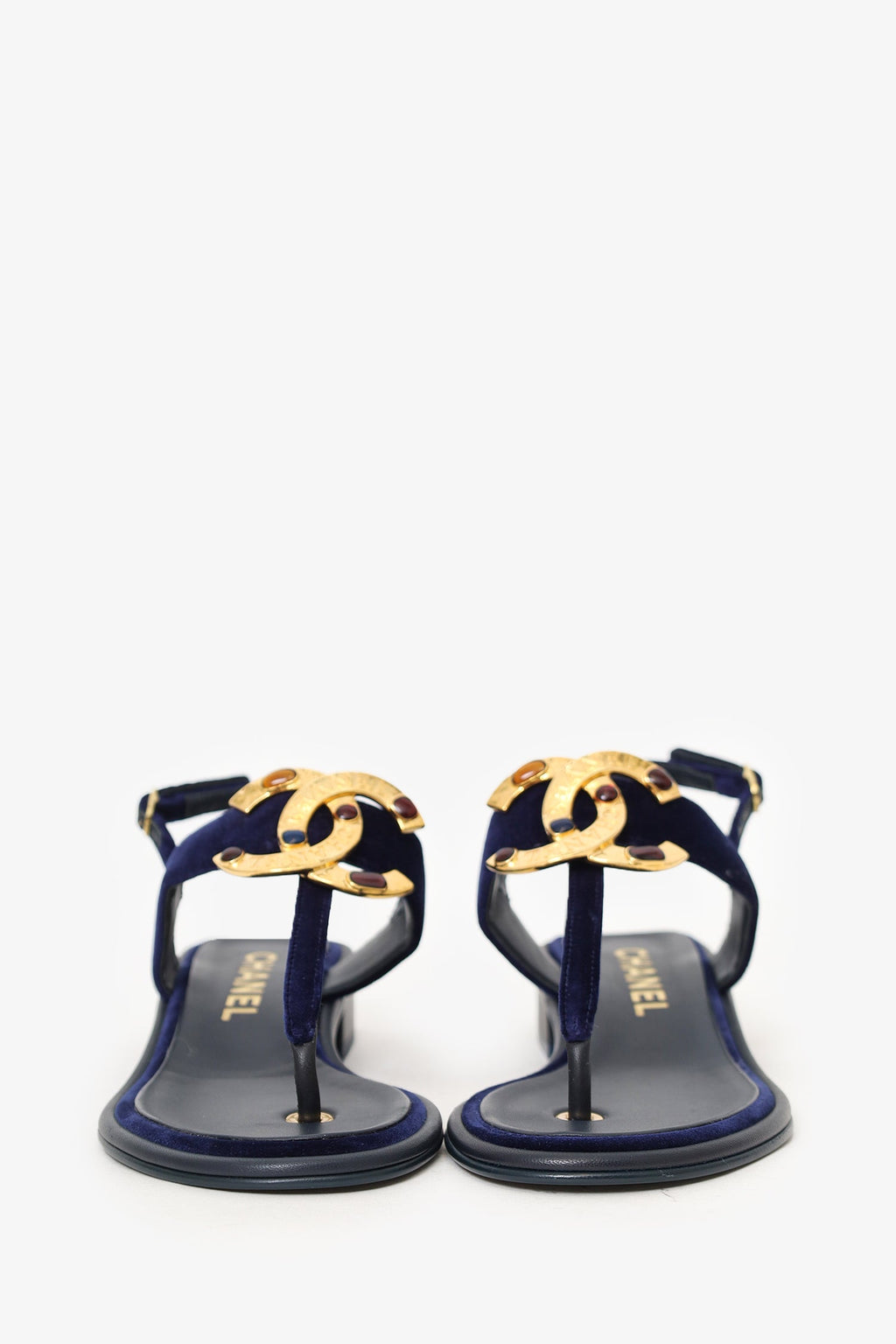 Pre-Loved Chanel™ Navy Velvet Jewelled CC Thong Sandals Size 37