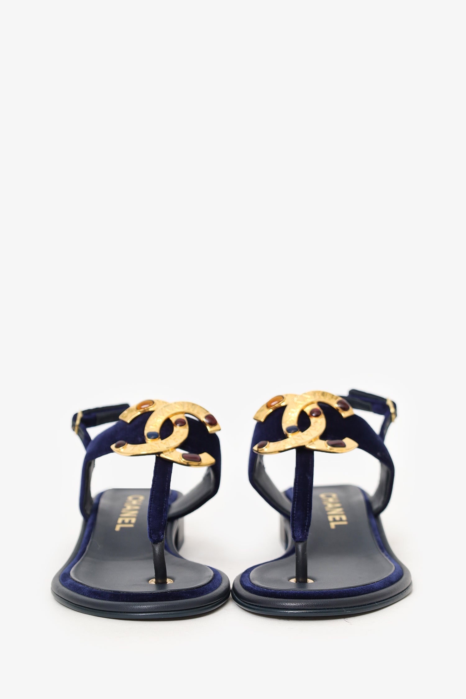 Pre-Loved Chanel™ Navy Velvet Jewelled CC Thong Sandals Size 37