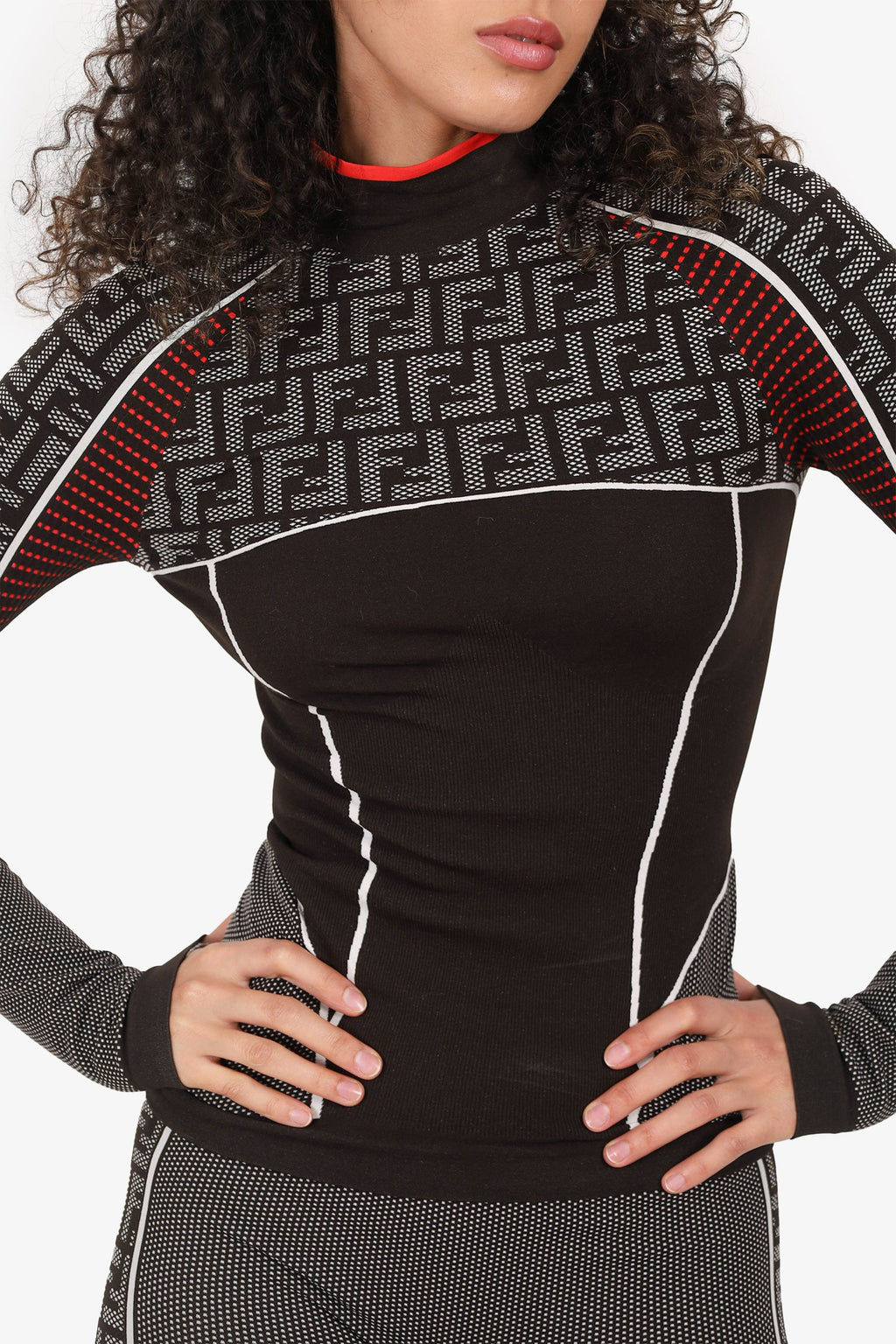 Fendi Brown/White Zucca Print Long Sleeve Mock Neck Top + Leggings Size S/M