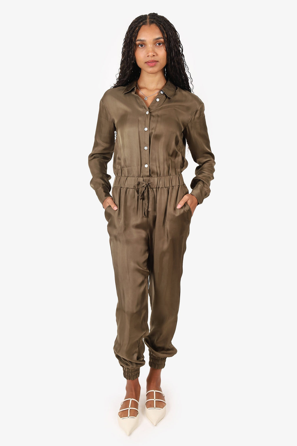 Cinq A Sept Green Satin Long Sleeve Jumpsuit Size XXS