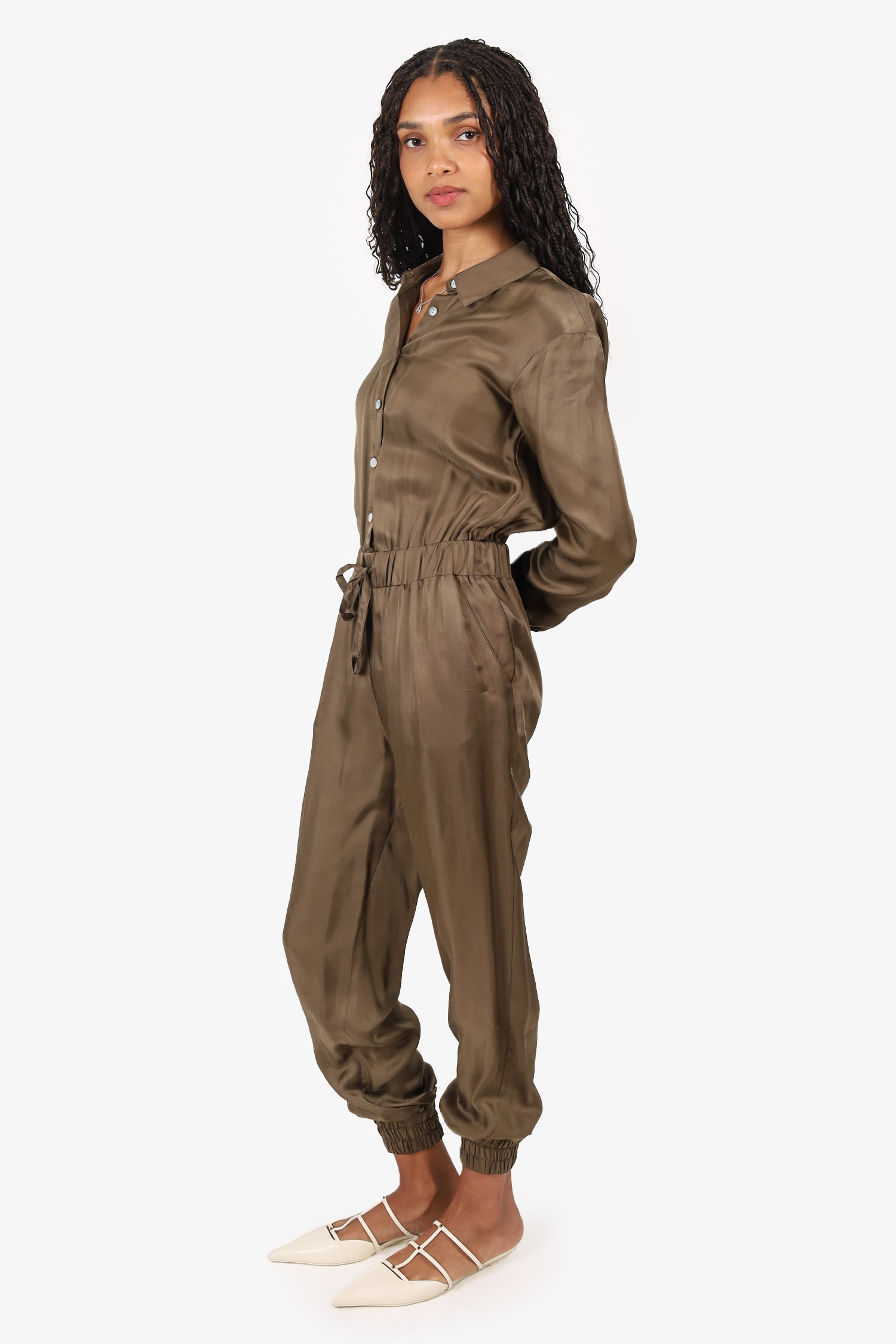 Cinq A Sept Green Satin Long Sleeve Jumpsuit Size XXS