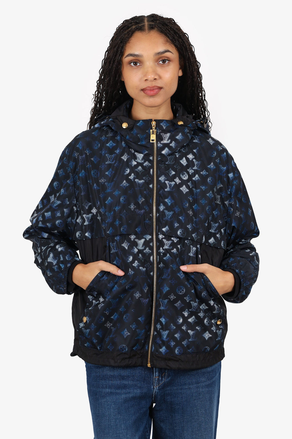 Louis Vuitton Black/Blue Nylon Monogram Cinched Waist Hooded Parka Size 38 w/Tags