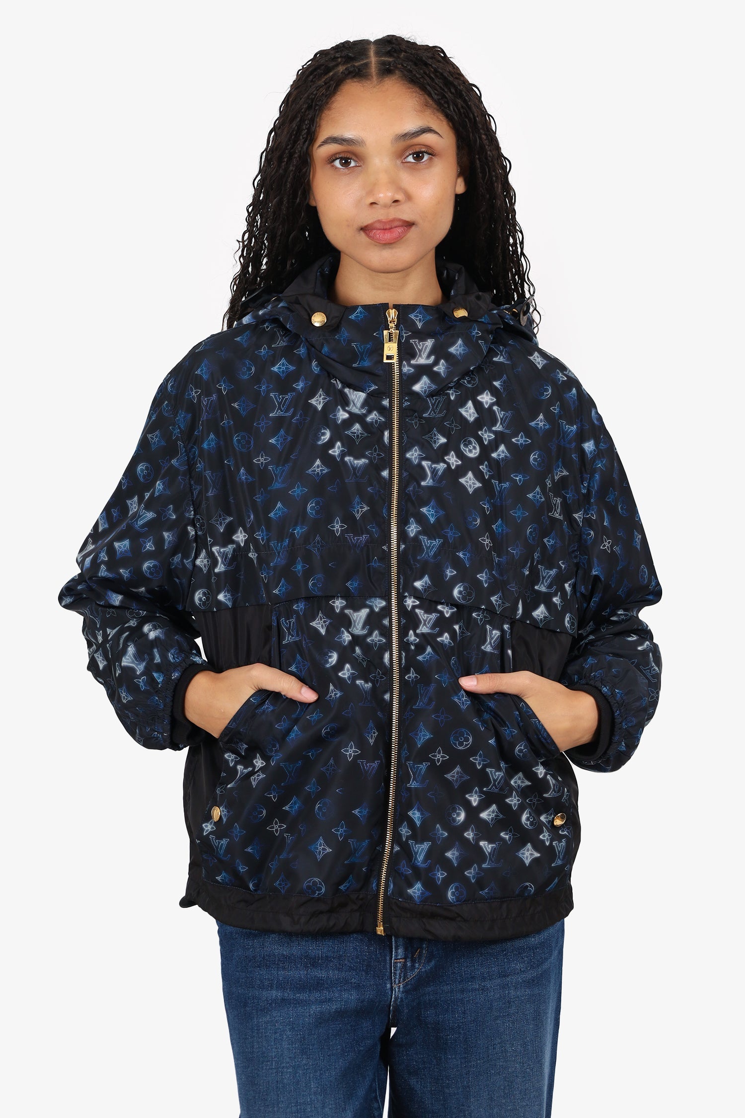 Louis Vuitton Black/Blue Nylon Monogram Cinched Waist Hooded Parka Size 38 w/Tags