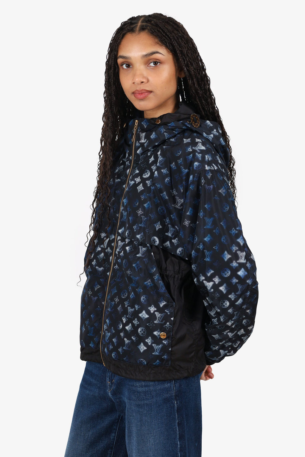 Louis Vuitton Black/Blue Nylon Monogram Cinched Waist Hooded Parka Size 38 w/Tags