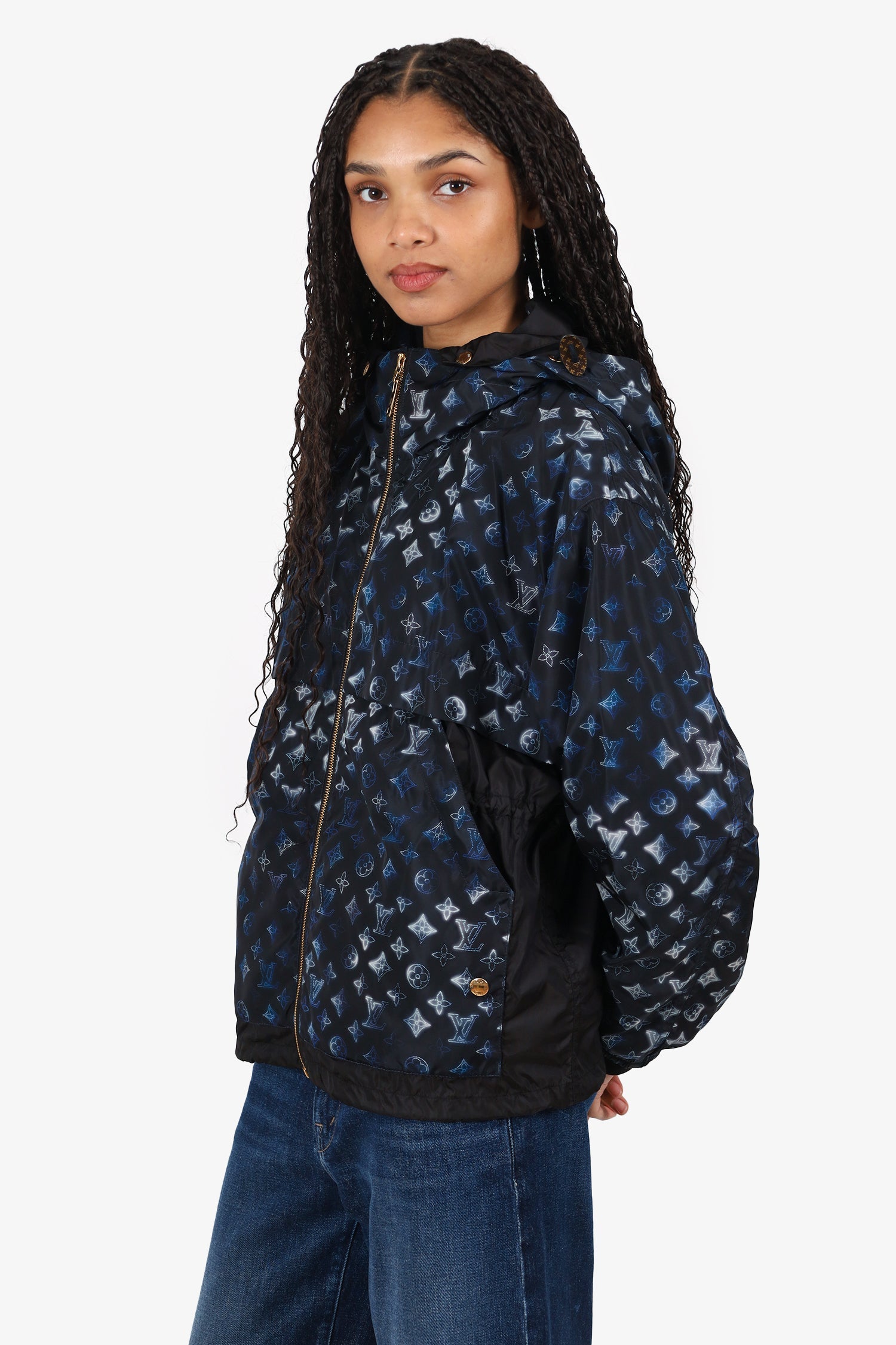 Louis Vuitton Black/Blue Nylon Monogram Cinched Waist Hooded Parka Size 38 w/Tags