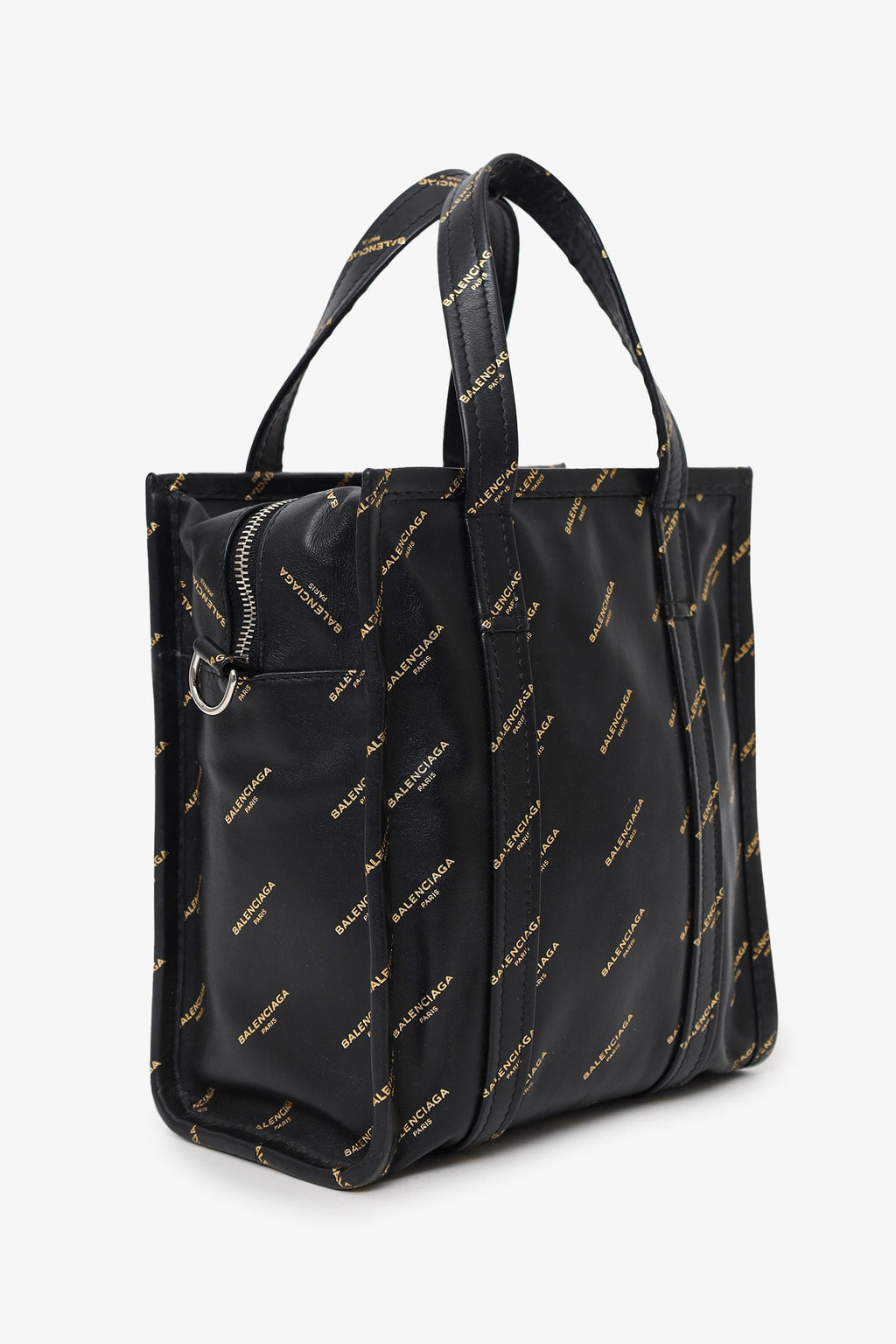 Balenciaga Black Leather/Gold Logo 'Bazar' XS Shopper Tote With Strap