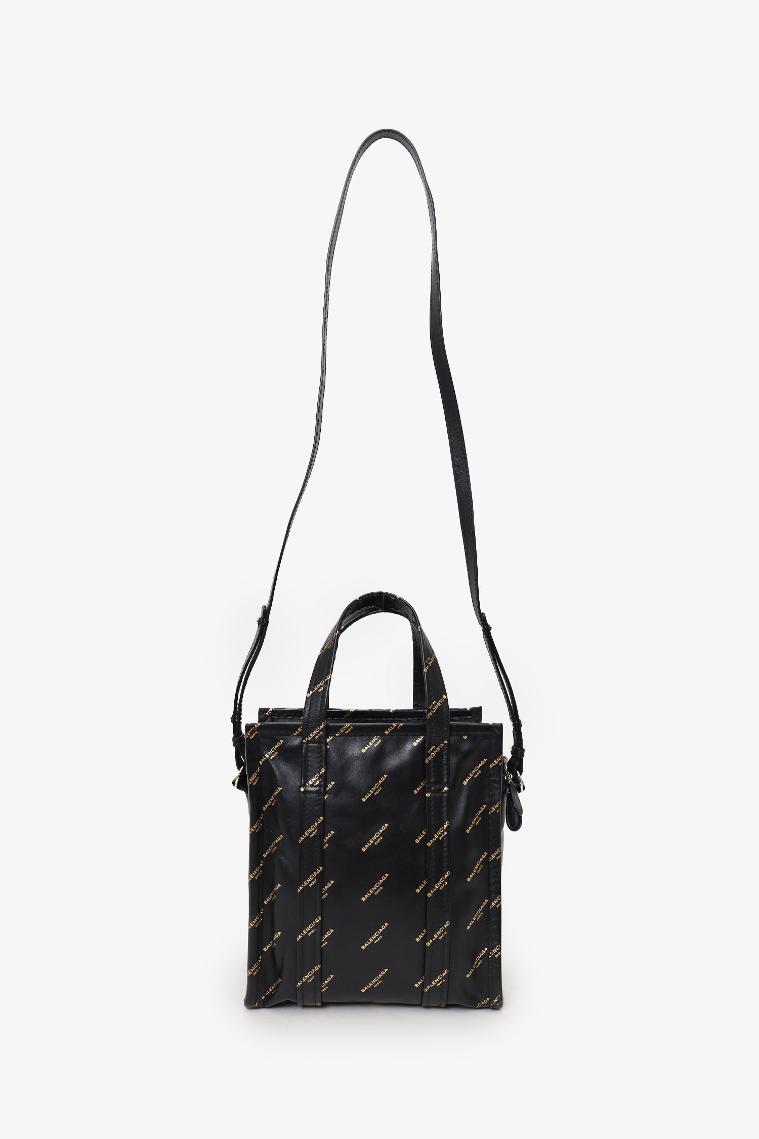 Balenciaga Black Leather/Gold Logo 'Bazar' XS Shopper Tote With Strap