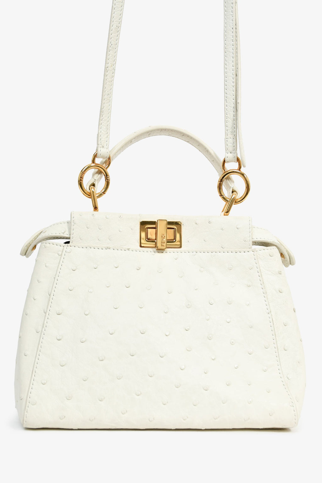 Fendi White Ostrich Leather Mini Peekaboo Bag With Strap