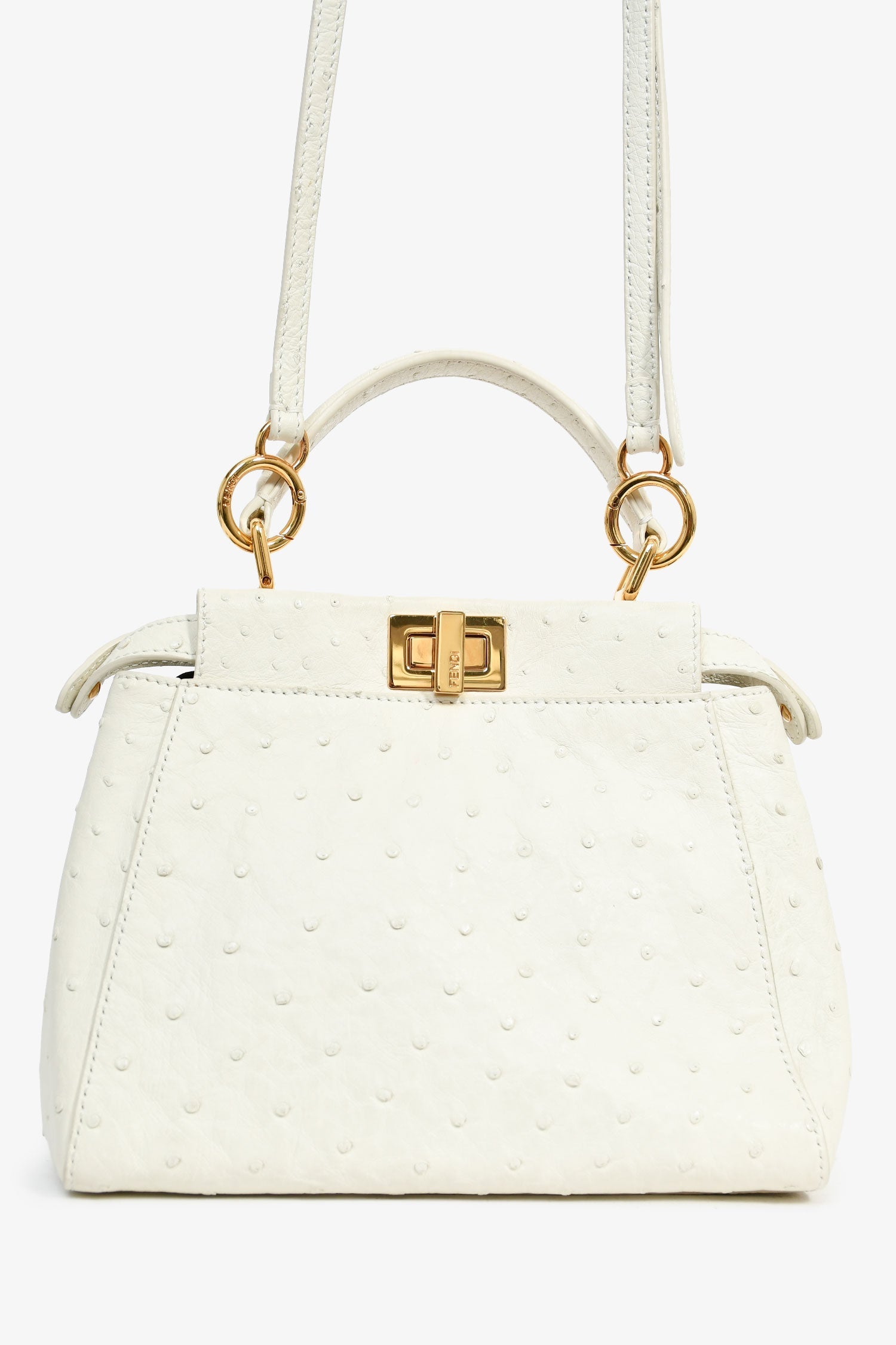 Fendi White Ostrich Leather Mini Peekaboo Bag With Strap