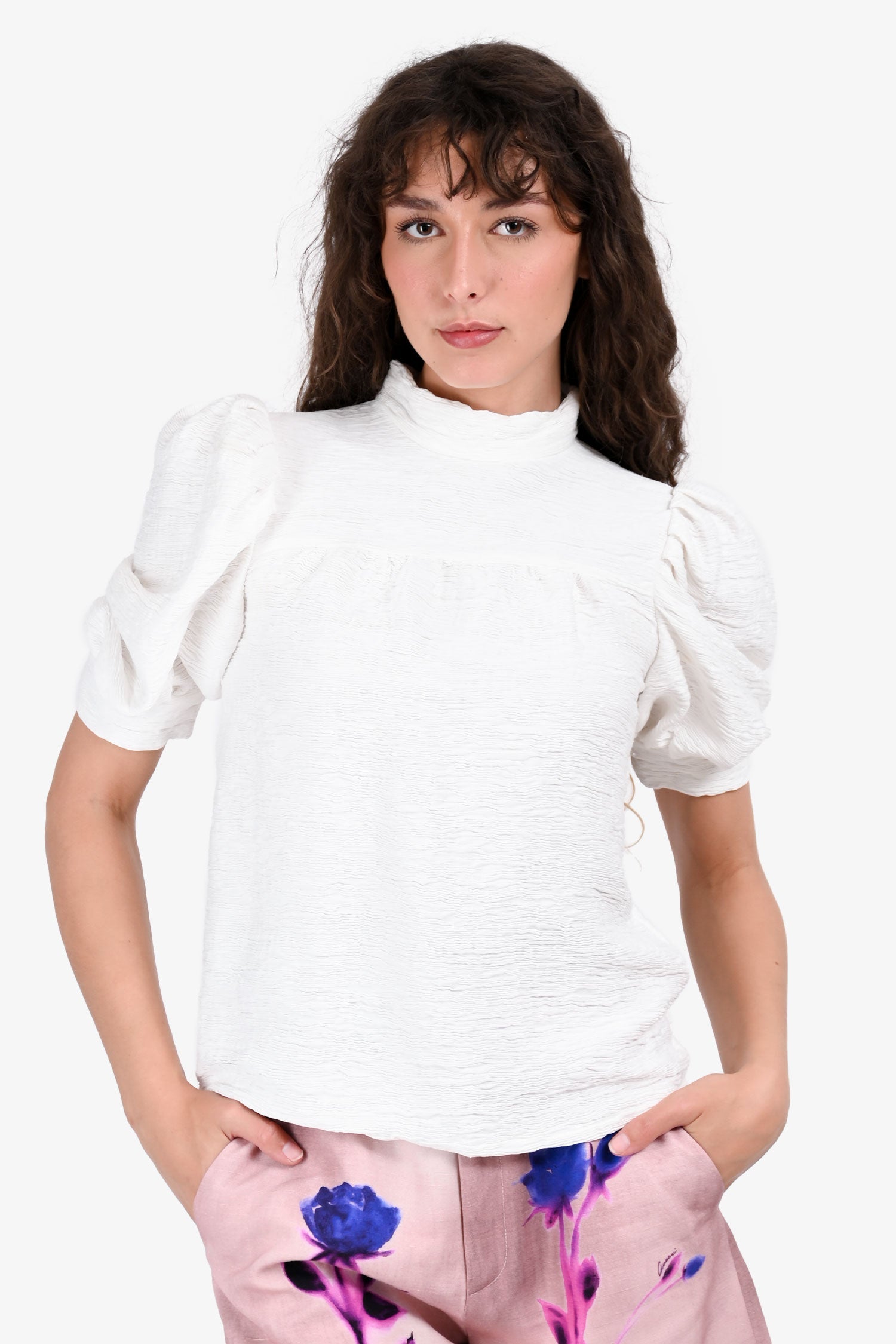 Sandro White Textured High Neck Puff Sleeve Top Size 2