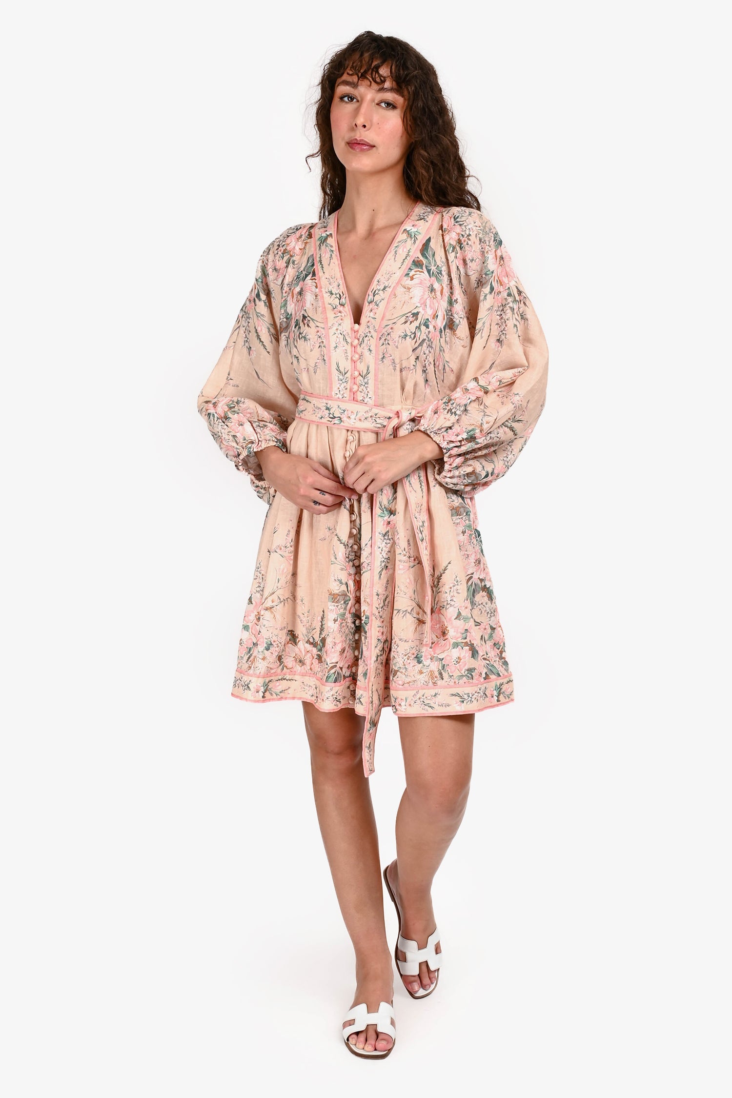 Zimmermann Pink Linen Floral Printed Puff Sleeve Mini Dress Size 2