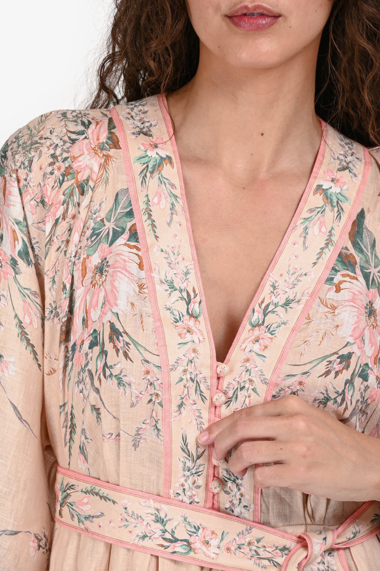 Zimmermann Pink Linen Floral Printed Puff Sleeve Mini Dress Size 2