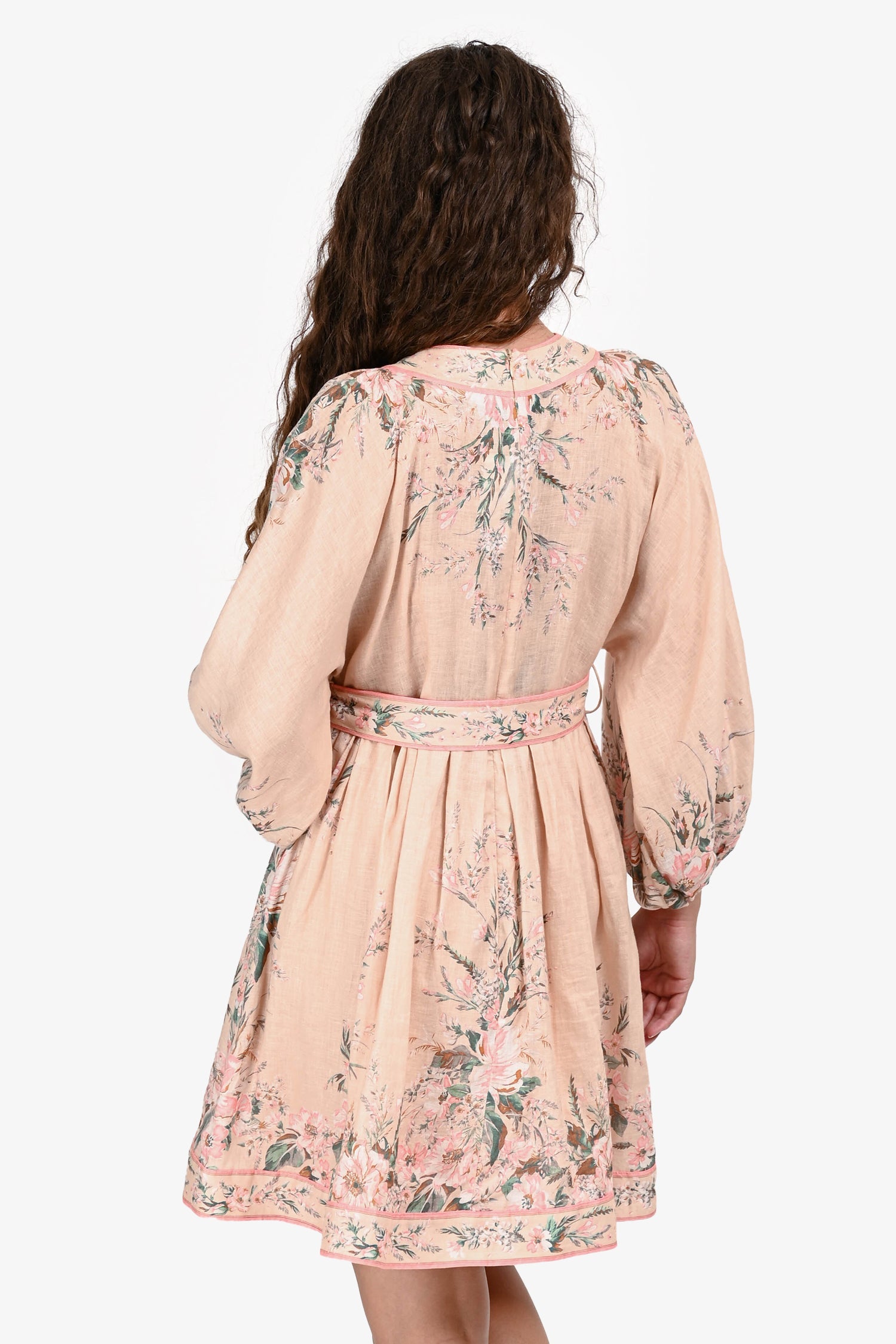 Zimmermann Pink Linen Floral Printed Puff Sleeve Mini Dress Size 2