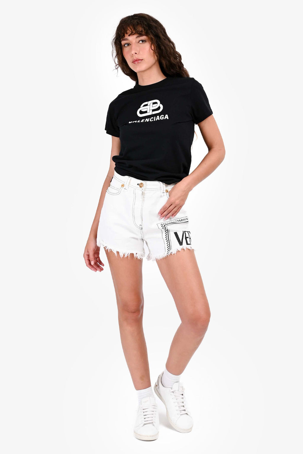 Versace White Denim Logo Printed Shorts Size 26