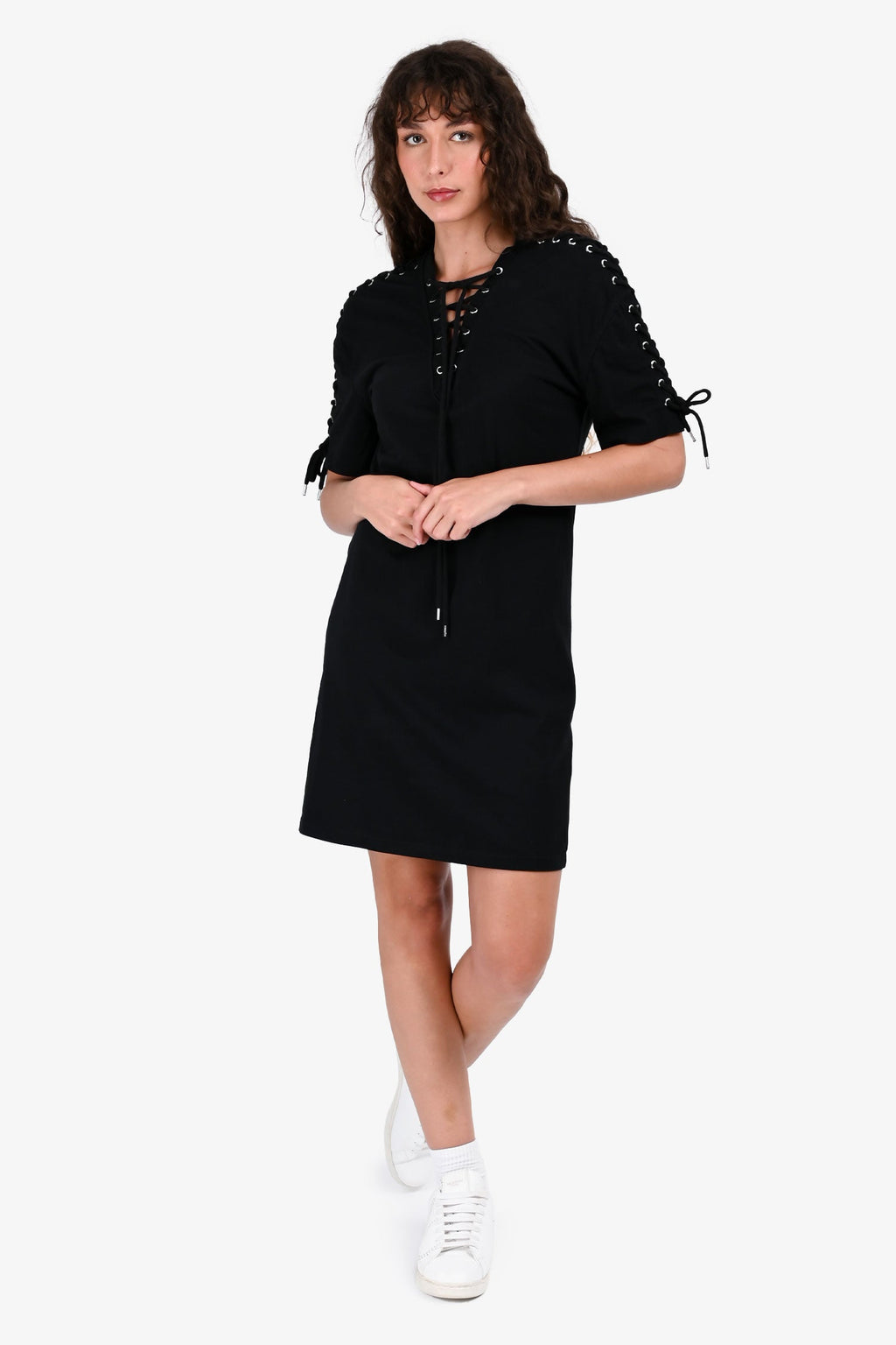 McQ By Alexander McQueen Black Lace Up Detailed Short Sleeves Dress Size XS