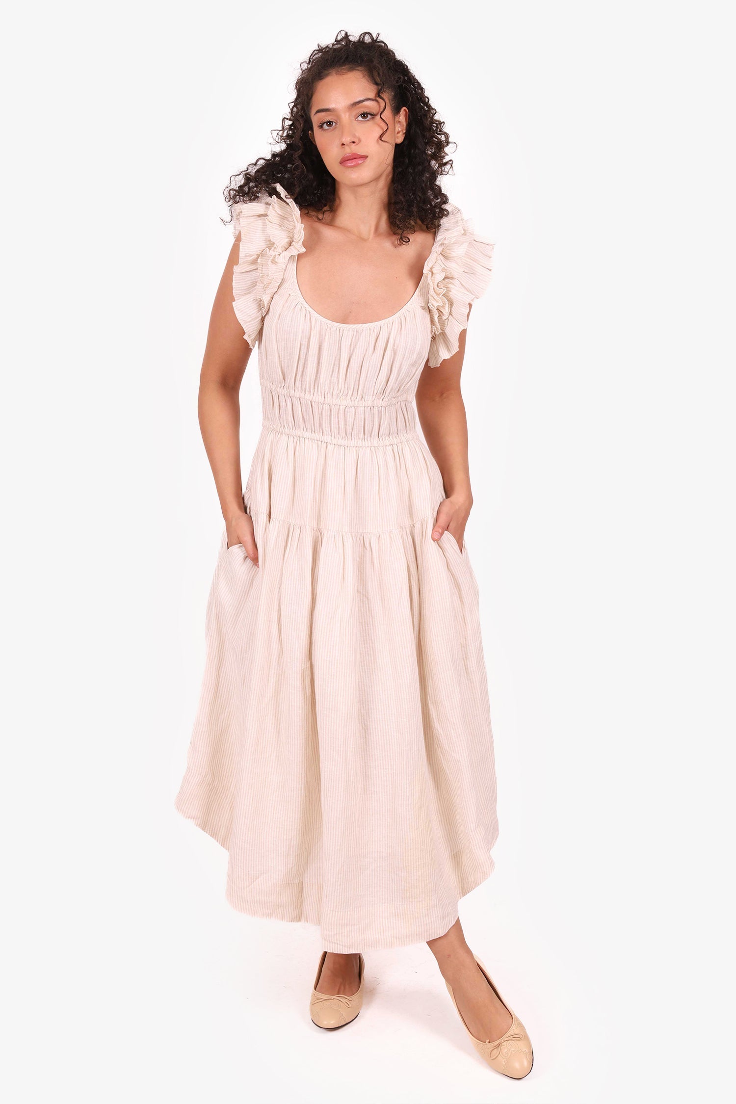 Ulla Johnson Beige Linen Striped Maxi Dress Size 6