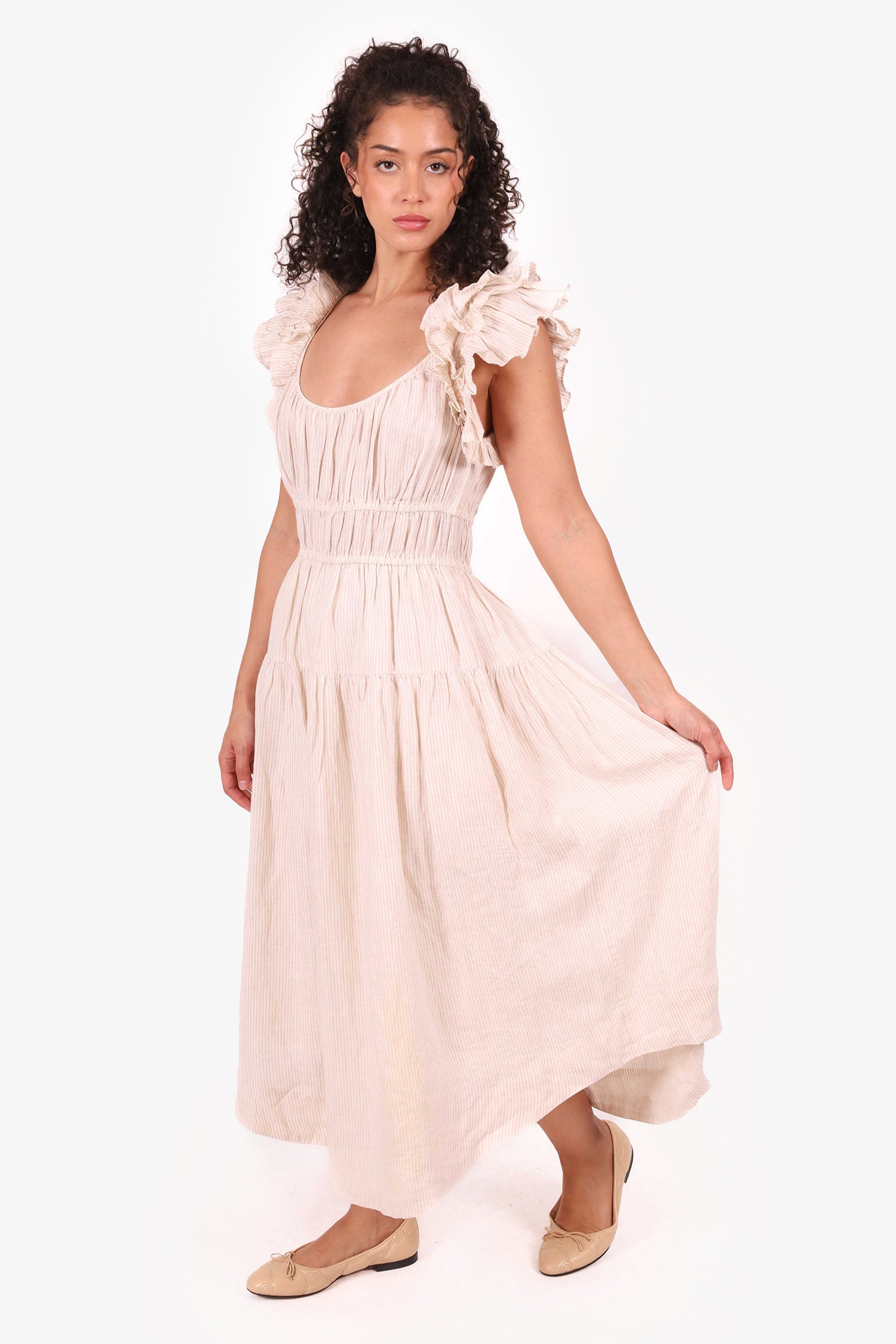 Ulla Johnson Beige Linen Striped Maxi Dress Size 6