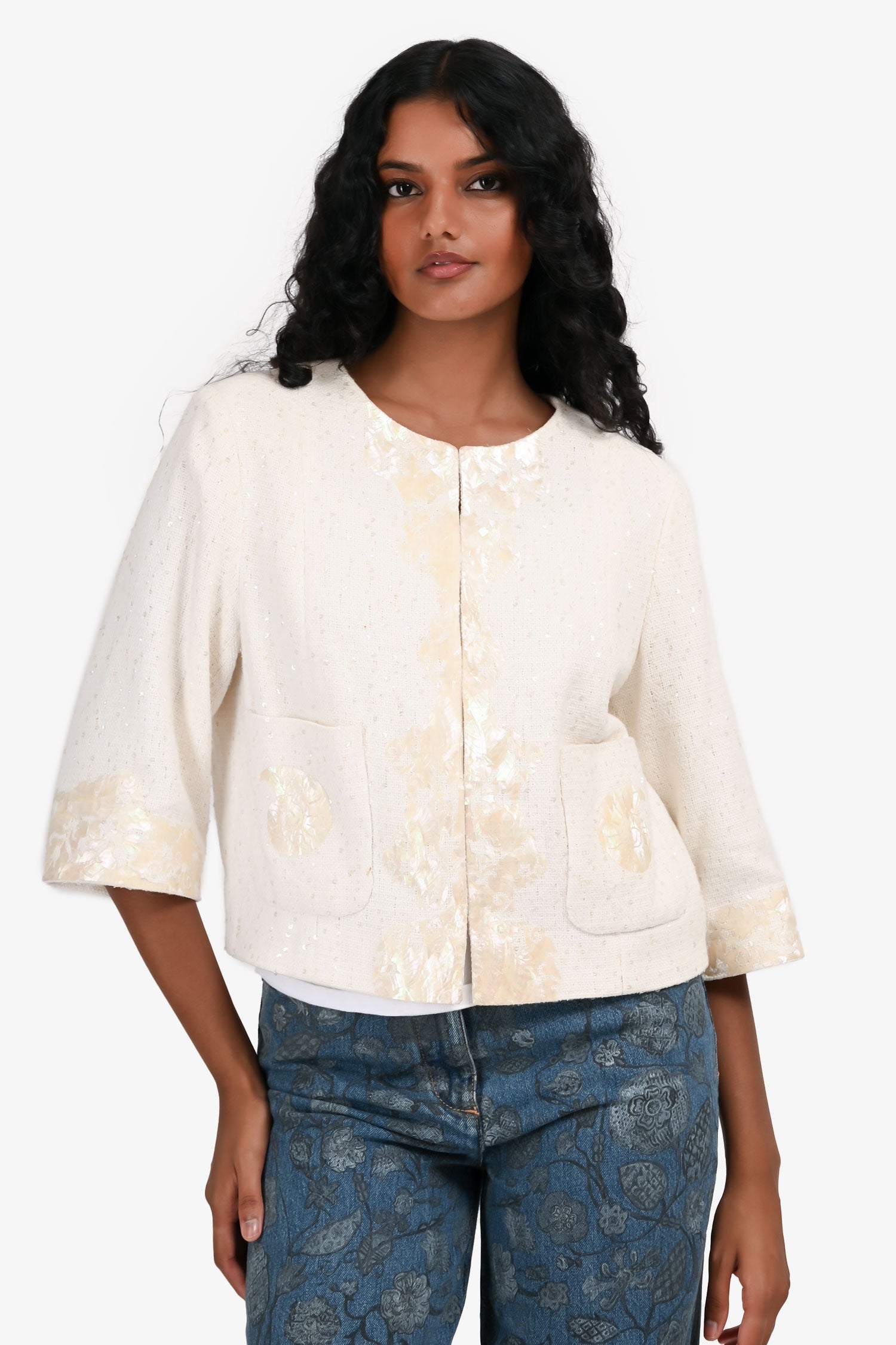 Pre-Loved Chanel™ 2012 Cream Sequin Tweed Seashell Mosaic Jacket Size FR 40